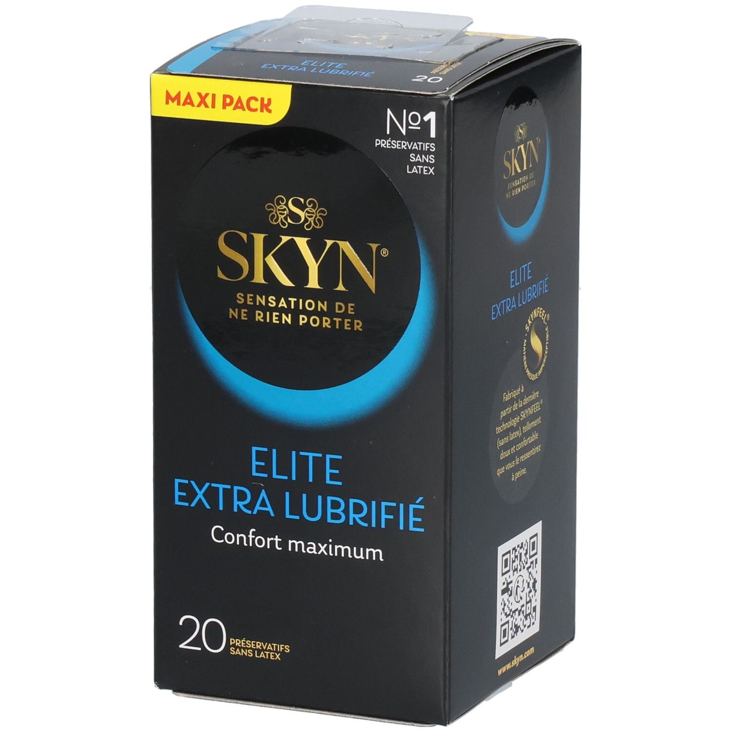 Boîte noire SKYN ELITE EXTRA. Contient 20 préservatifs. Texte : "Confort maximum". "Sans latex". "Maxi Pack".