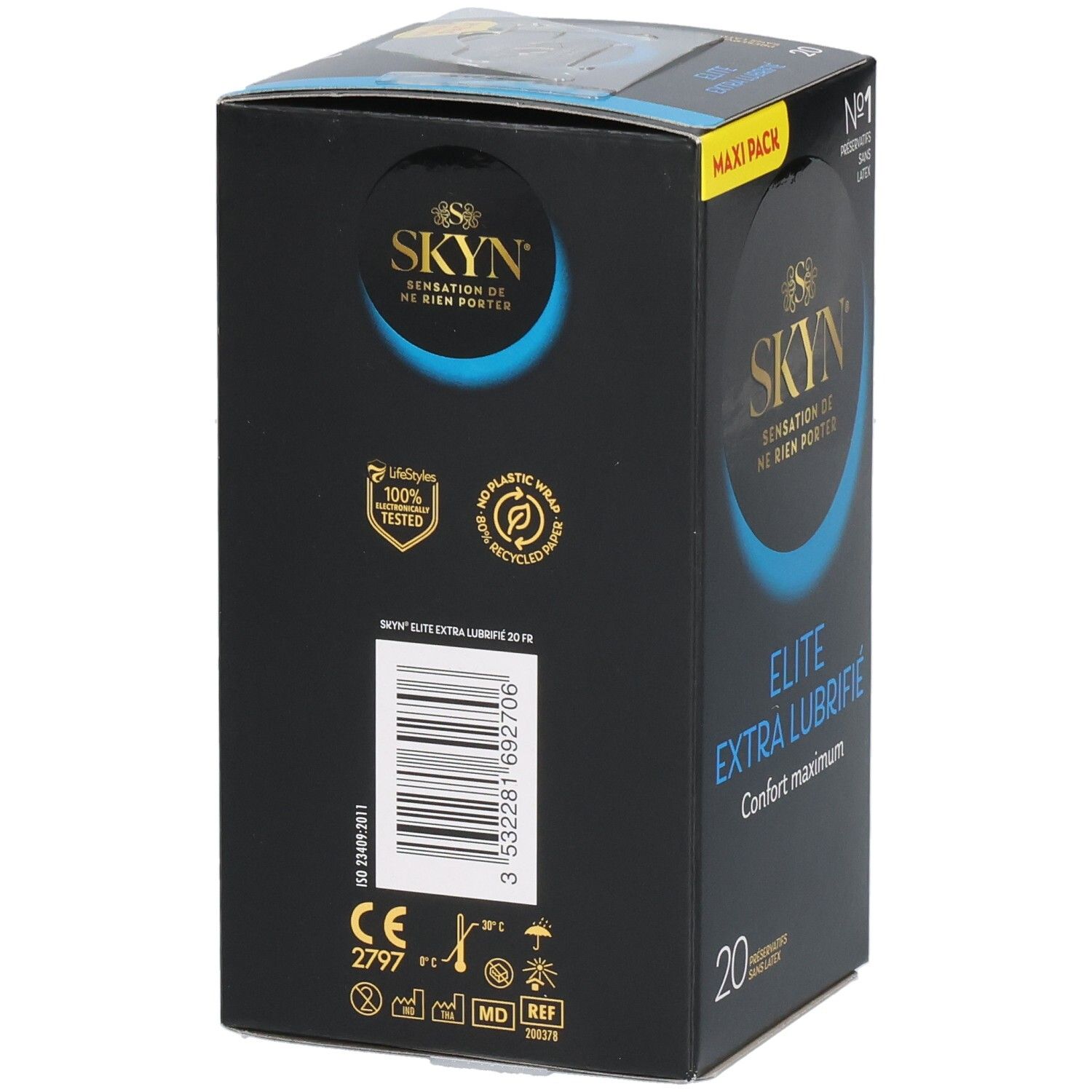 Dos de la boîte SKYN ELITE EXTRA. Texte : "20", "Sans latex". Logos : 100% testé, papier recyclé, marquage CE.
