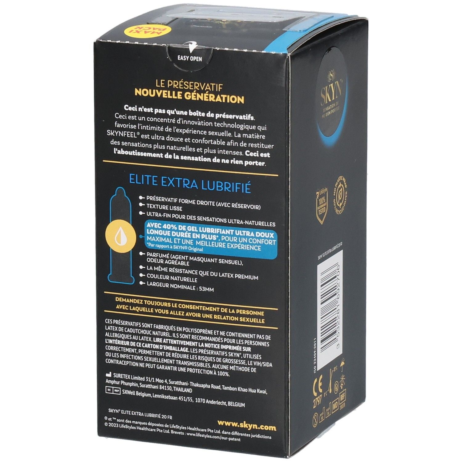 Côté de la boîte SKYN ELITE EXTRA. Texte : "Elite Extra Lubrifie". Description du produit. Logos : illustration de préservatif, marquage CE.
