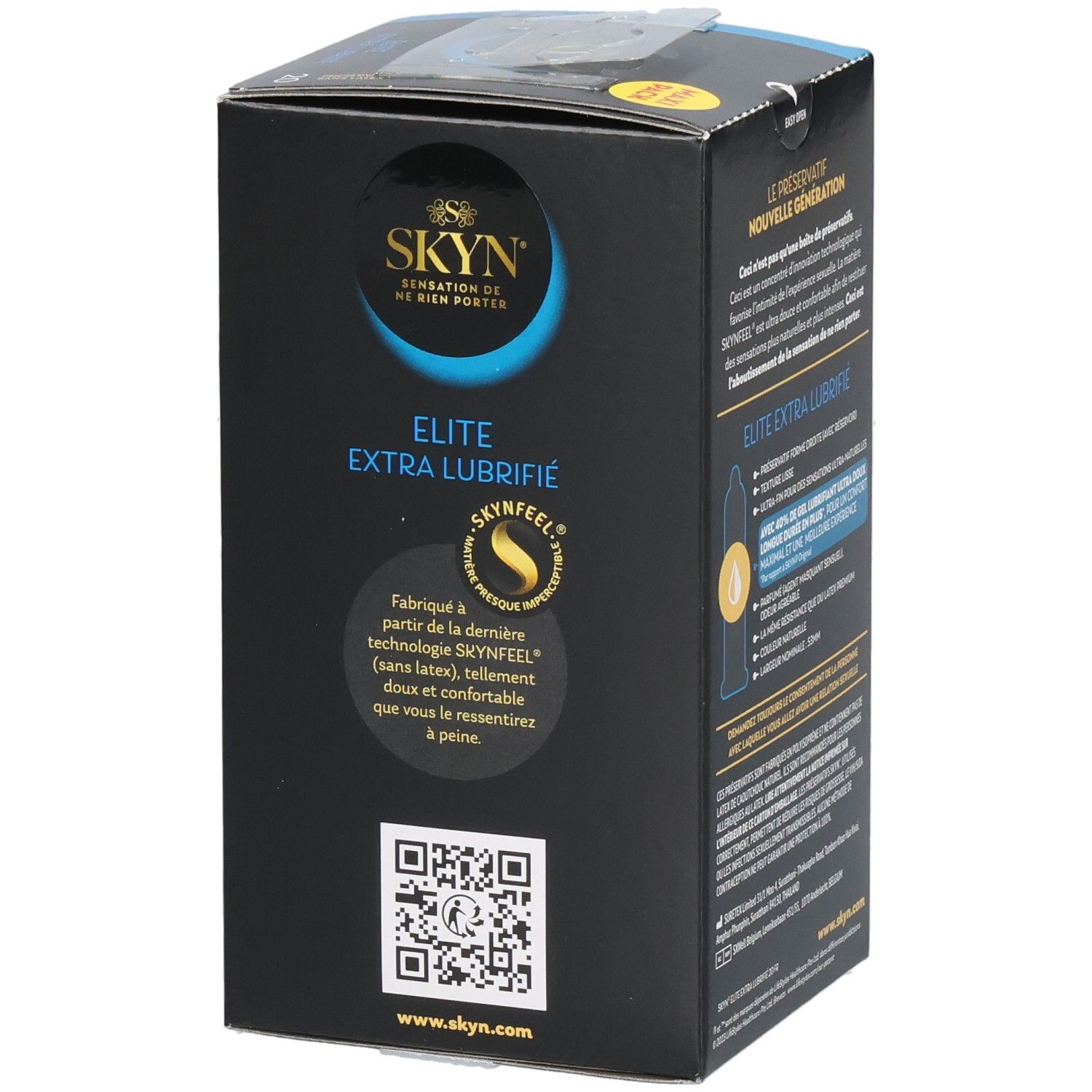 Côté de la boîte SKYN ELITE EXTRA. Texte : "Elite Extra Lubrifie". Logos : SKYNFEEL, code QR, adresse du site web.