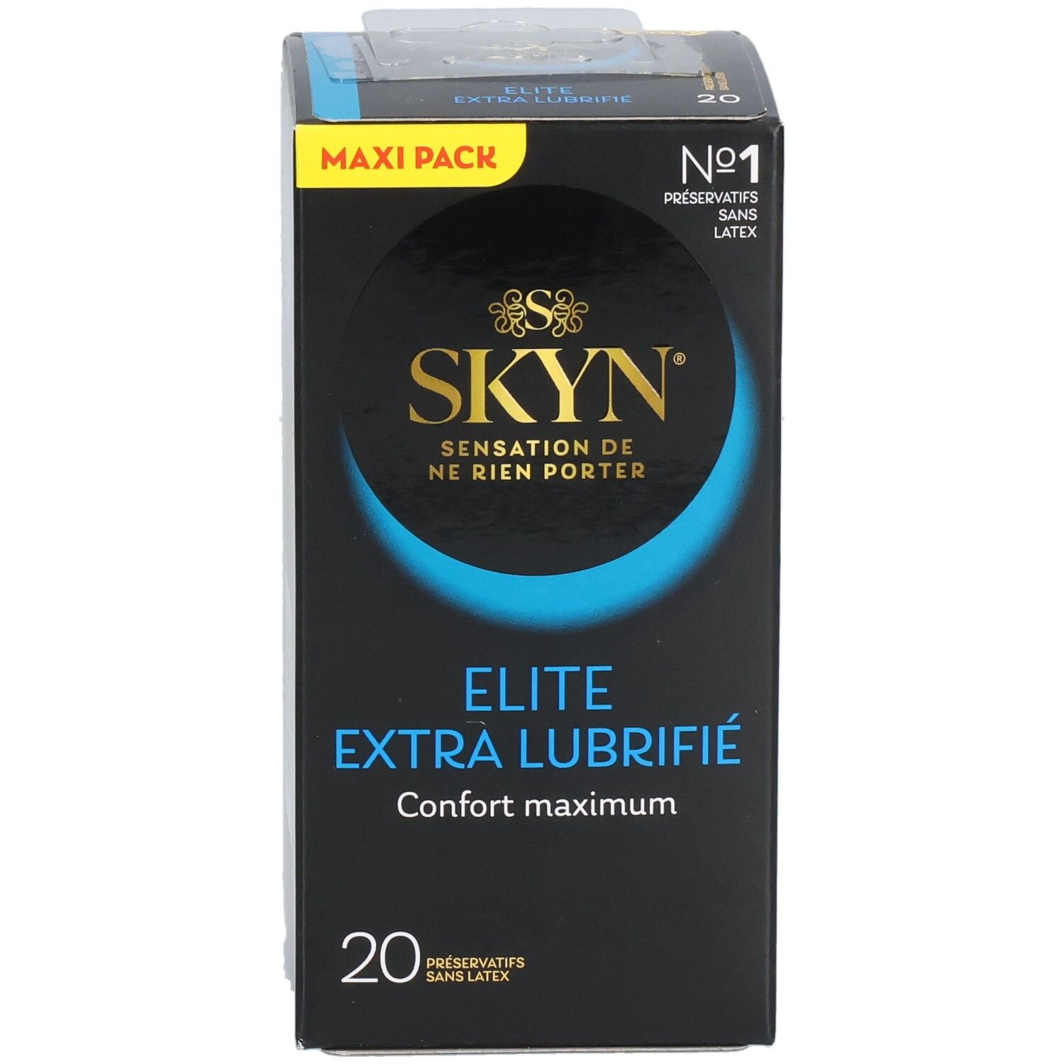 Face avant de la boîte SKYN ELITE EXTRA. Texte : "Elite Extra Lubrifie", "Confort maximum", "20 préservatifs sans latex".