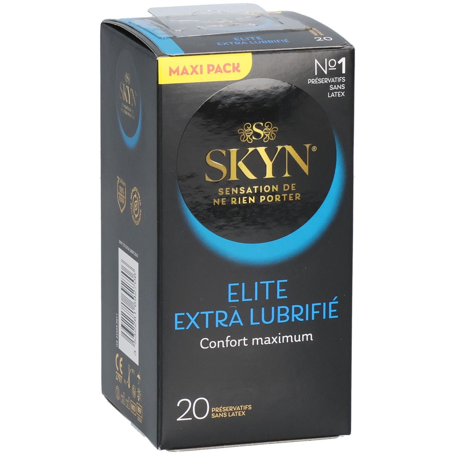Face avant de la boîte SKYN ELITE EXTRA. Texte : "Elite Extra Lubrifie", "Confort maximum", "20 préservatifs sans latex".