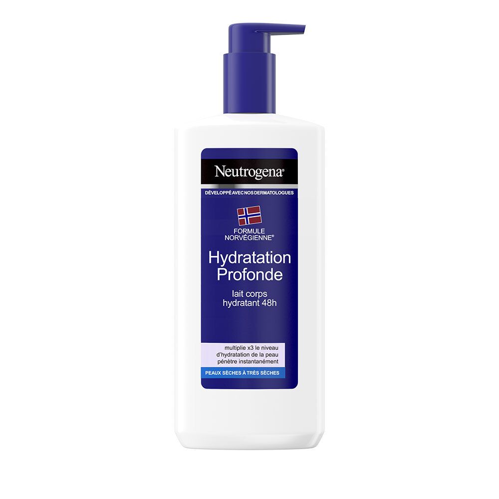 Flacon blanc avec pompe bleue. Étiquette avec "Neutrogena", "Hydratation Profonde" et drapeau norvégien.