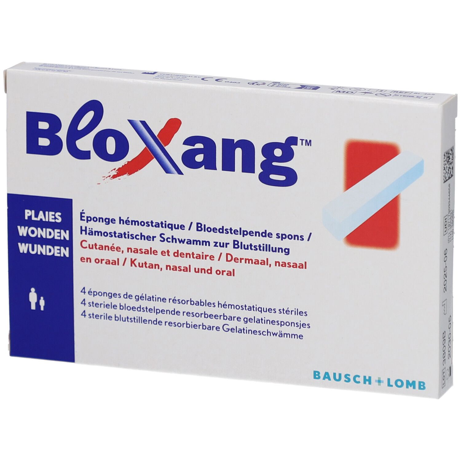 Boîte de BLOXANG. Contient 4 éponges hémostatiques stériles. Marque et nom du produit visibles.