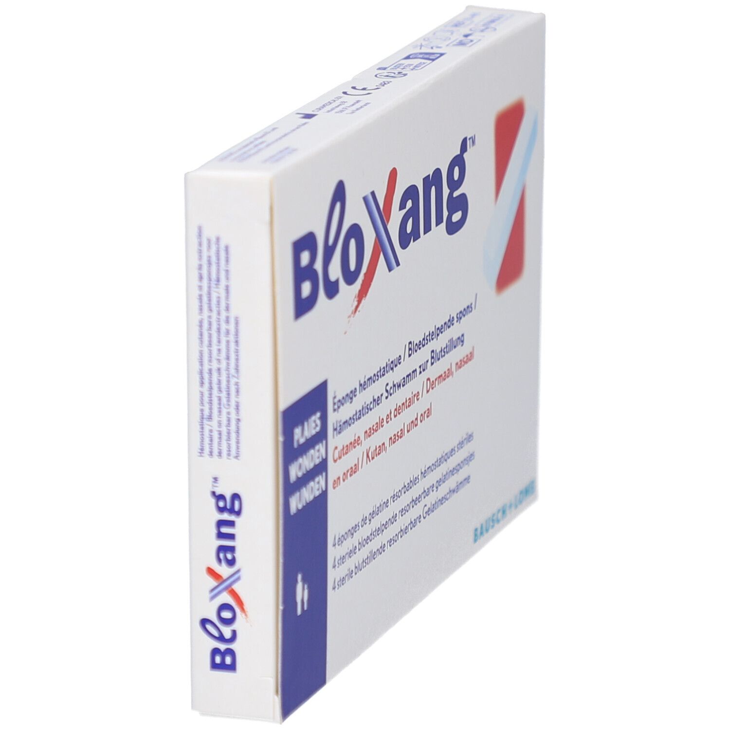 Boîte de BLOXANG en biais. Nom et marque du produit visibles. Contient 4 éponges stériles.