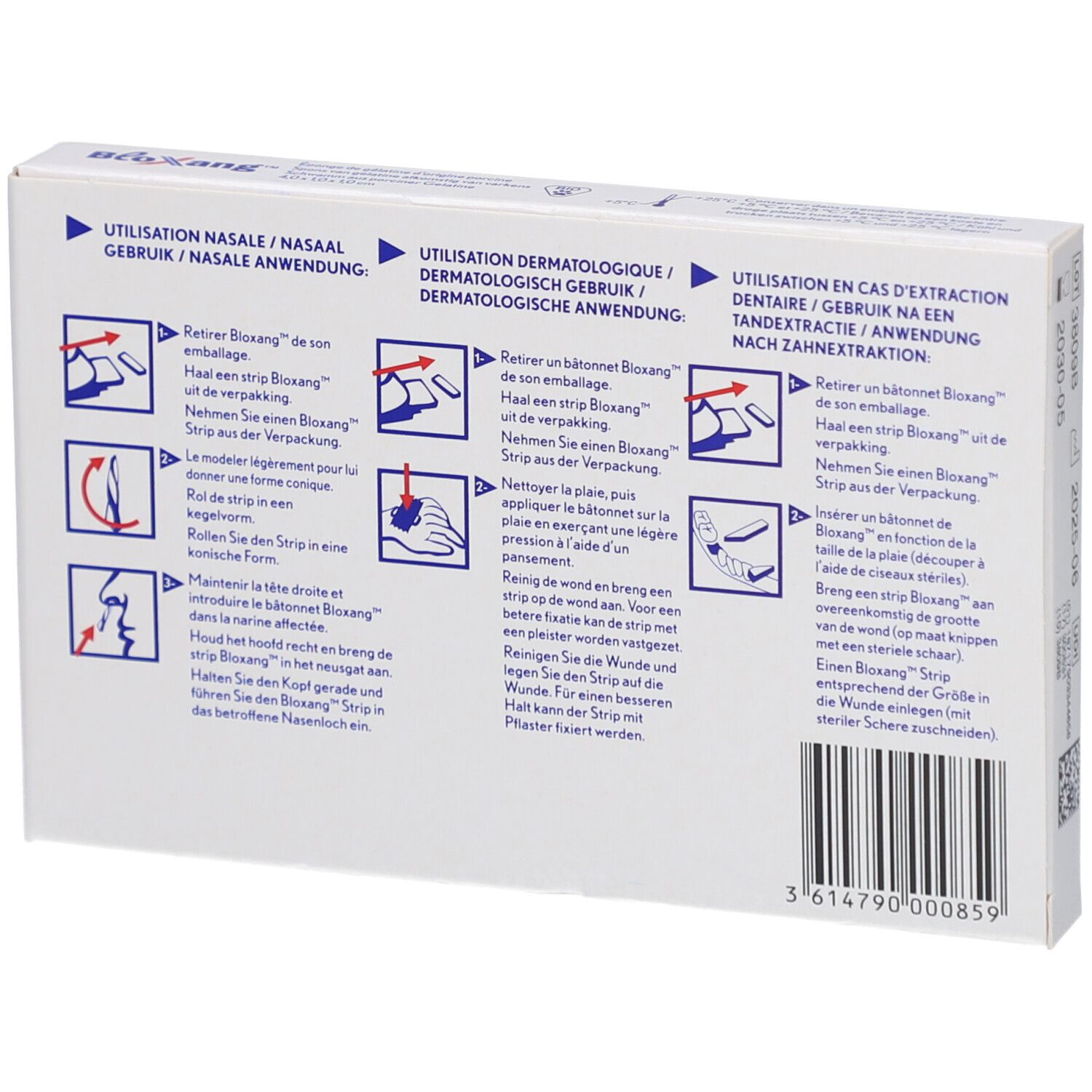 Dos de la boîte BLOXANG. Illustrations d'utilisation pour saignements de nez, dermatologie et dentisterie.