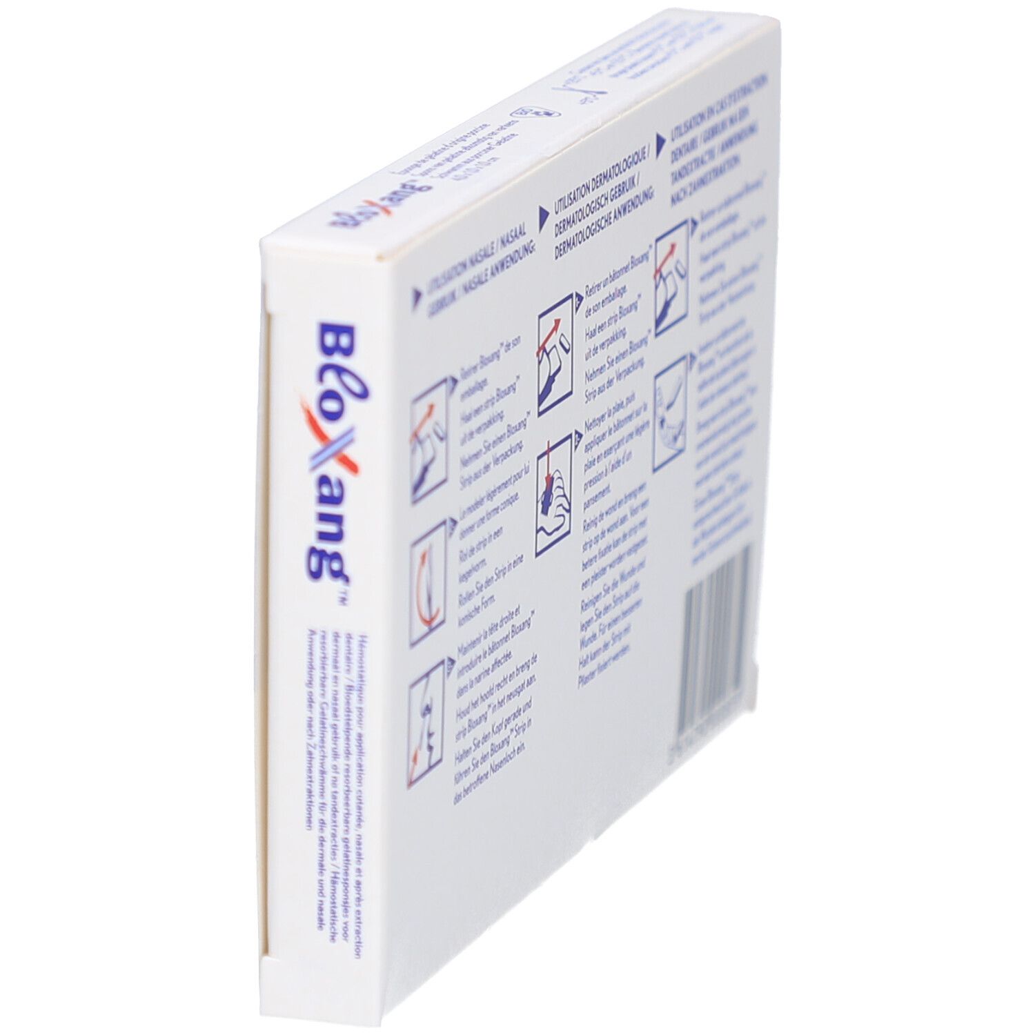 Dos de la boîte BLOXANG en biais. Illustrations d'utilisation.