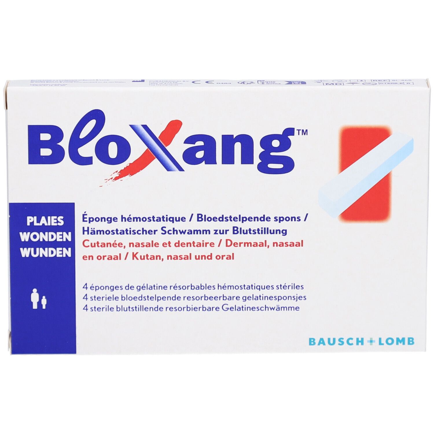 Boîte de BLOXANG. Contient 4 éponges hémostatiques stériles. Marque et nom du produit visibles.