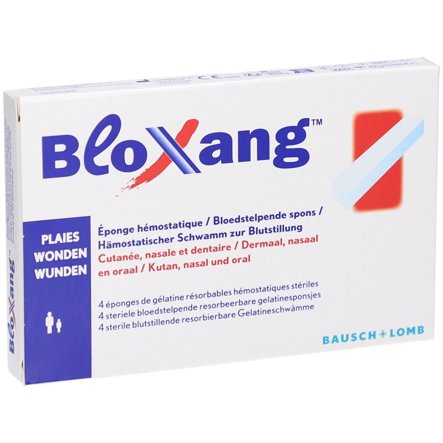 Boîte de BLOXANG. Contient 4 éponges hémostatiques stériles. Marque et nom du produit visibles.