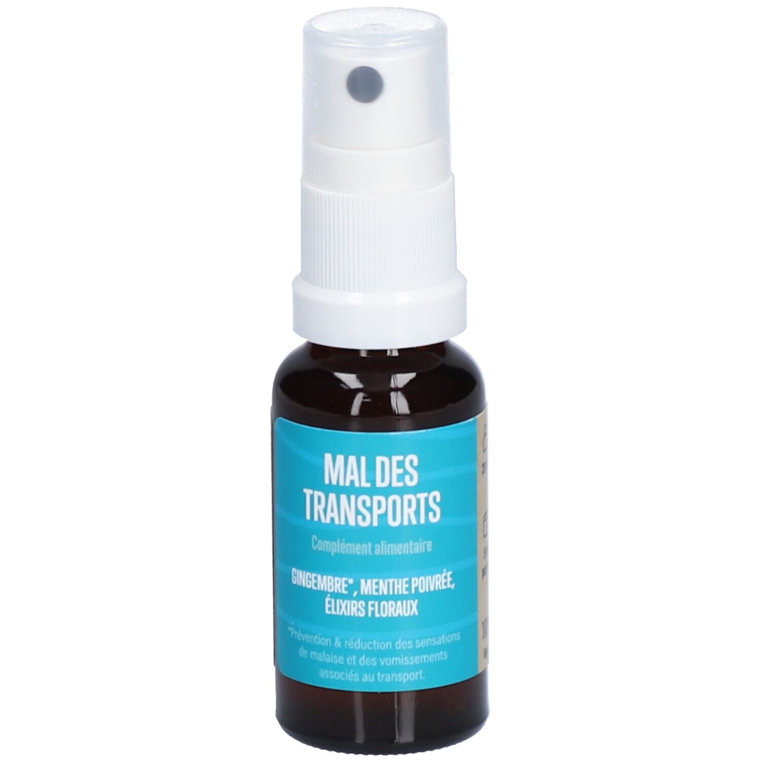 Flacon brun avec vaporisateur blanc. Inscription: MAL DES TRANSPORTS. Complément alimentaire. Gingembre, menthe poivrée, élixirs floraux.
