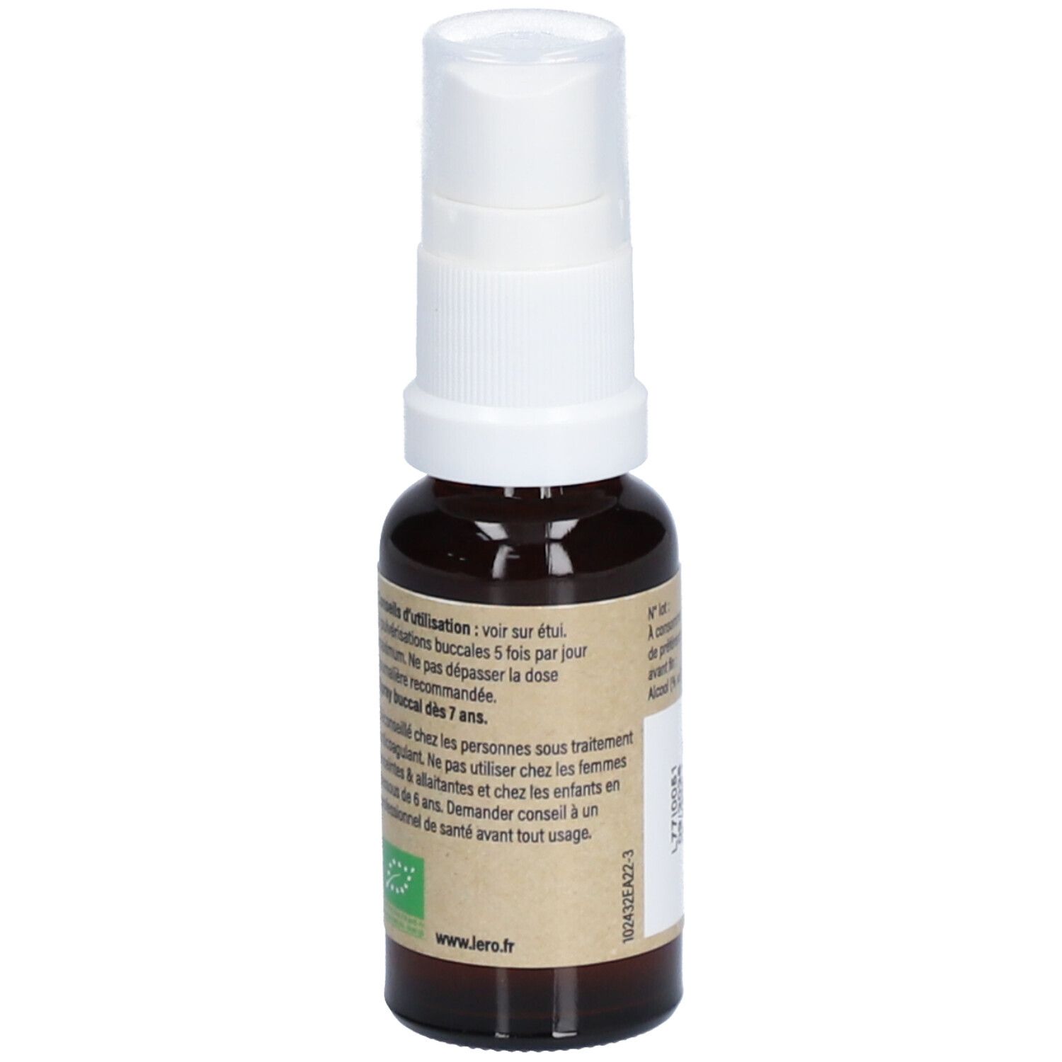 Flacon brun avec vaporisateur blanc. Étiquette avec informations. Conseils d'utilisation. Certification bio.