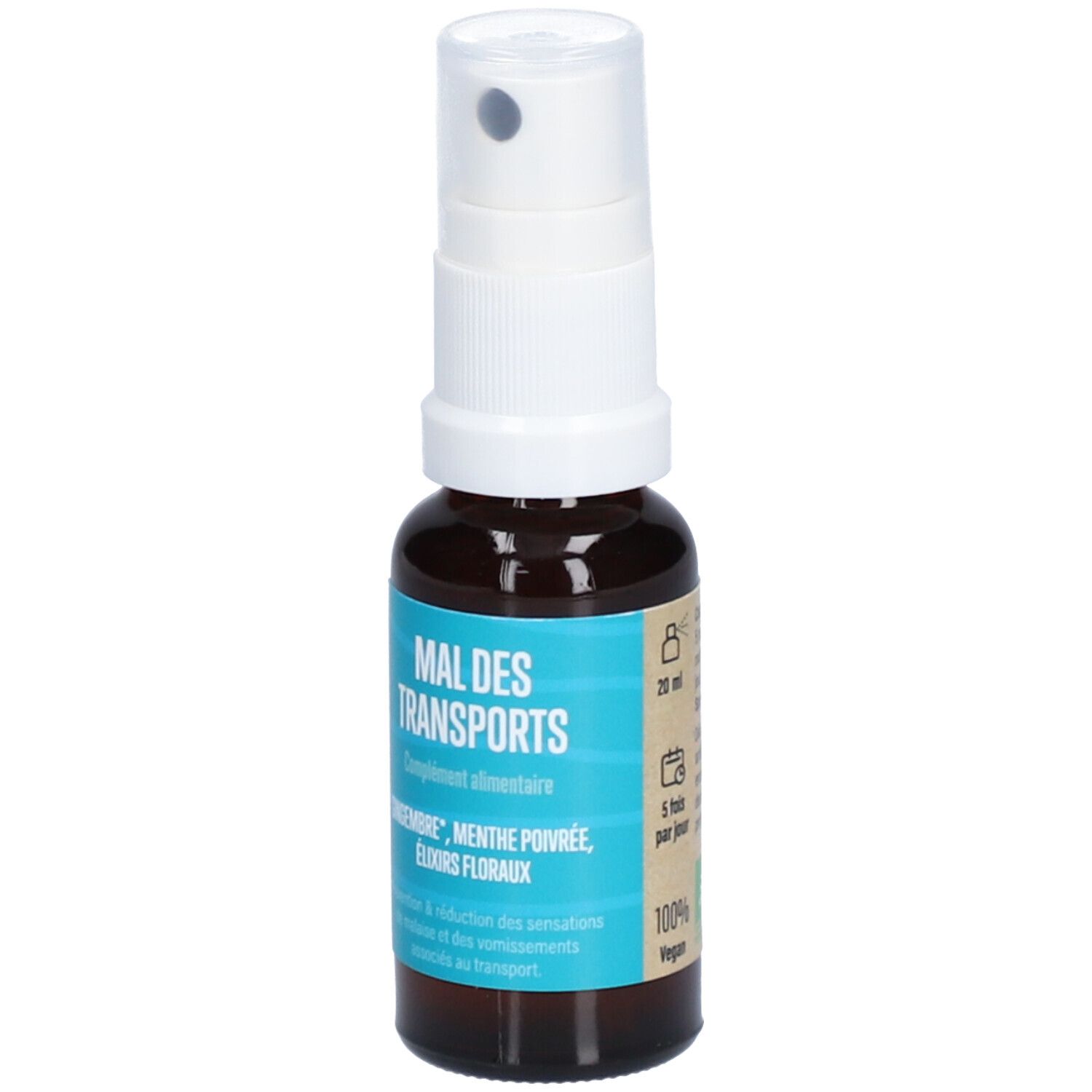 Flacon brun avec vaporisateur blanc. Inscription: MAL DES TRANSPORTS. Complément alimentaire. Gingembre, menthe poivrée, élixirs floraux. 20 ml.