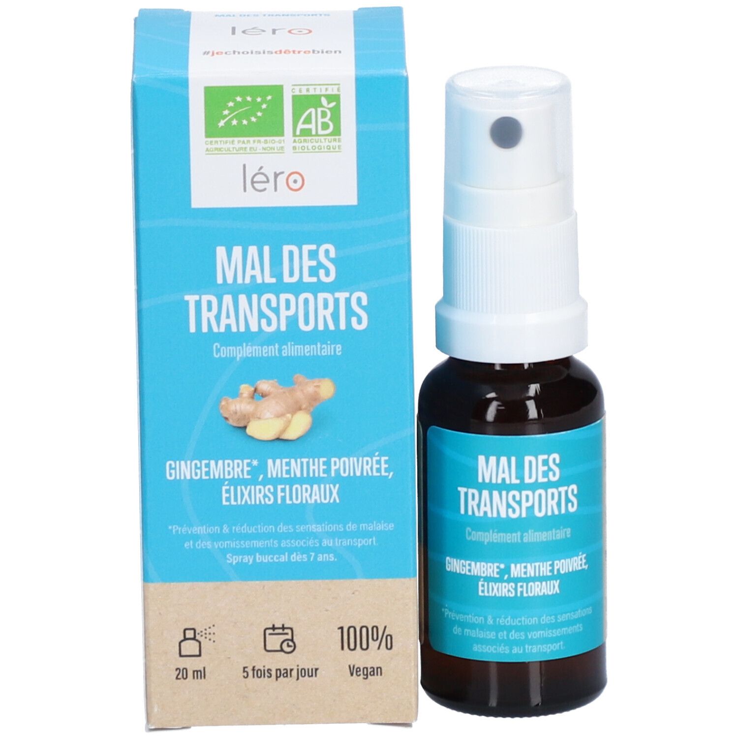Emballage du produit avec flacon. Inscription: MAL DES TRANSPORTS. Complément alimentaire. Gingembre, menthe poivrée, élixirs floraux. 20 ml. Vegan.