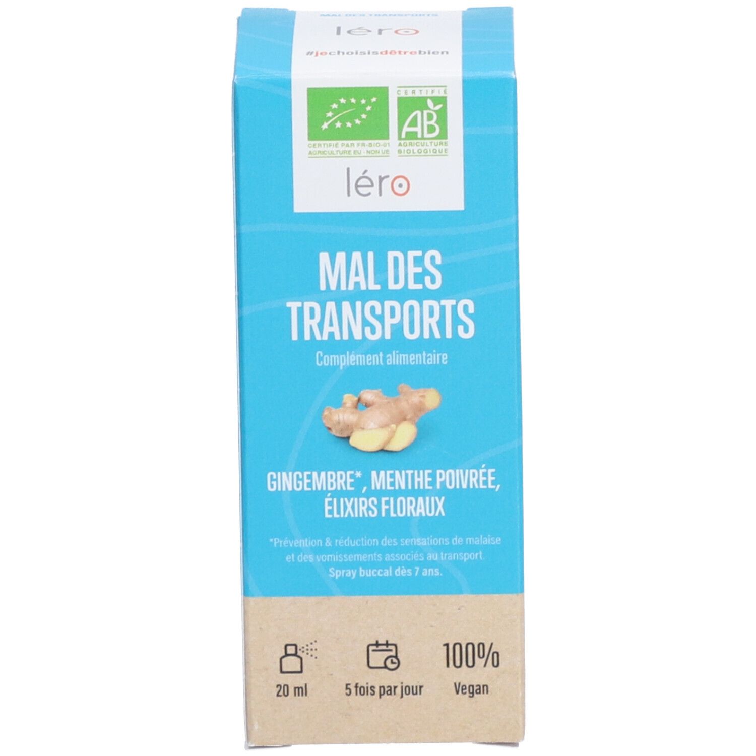 Emballage du produit. Inscription: MAL DES TRANSPORTS. Complément alimentaire. Gingembre, menthe poivrée, élixirs floraux. 20 ml. Vegan. Bio.