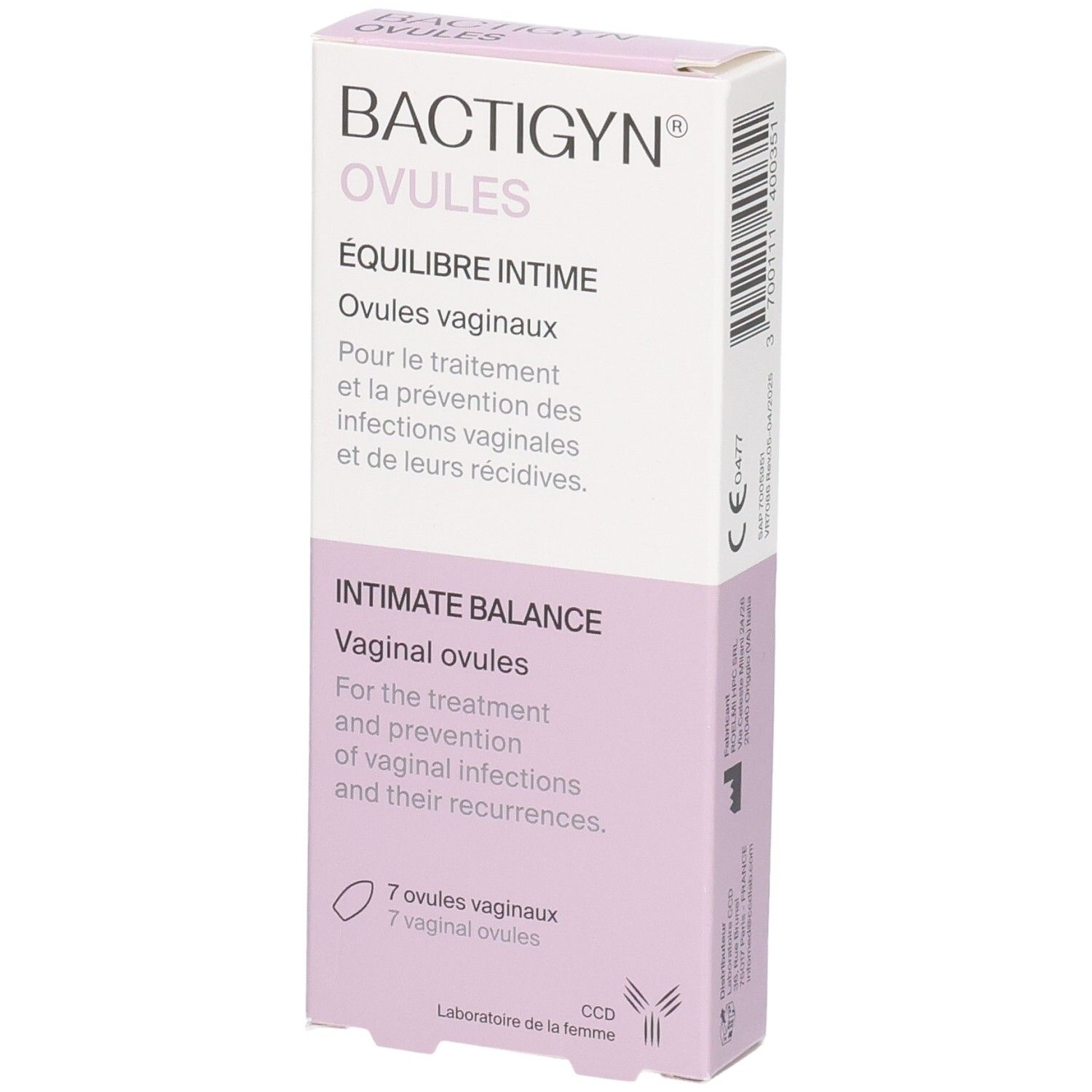 BACTIGYN OVULES Boîte, 7 ovules vaginaux. Pour le traitement et la prévention des infections vaginales.