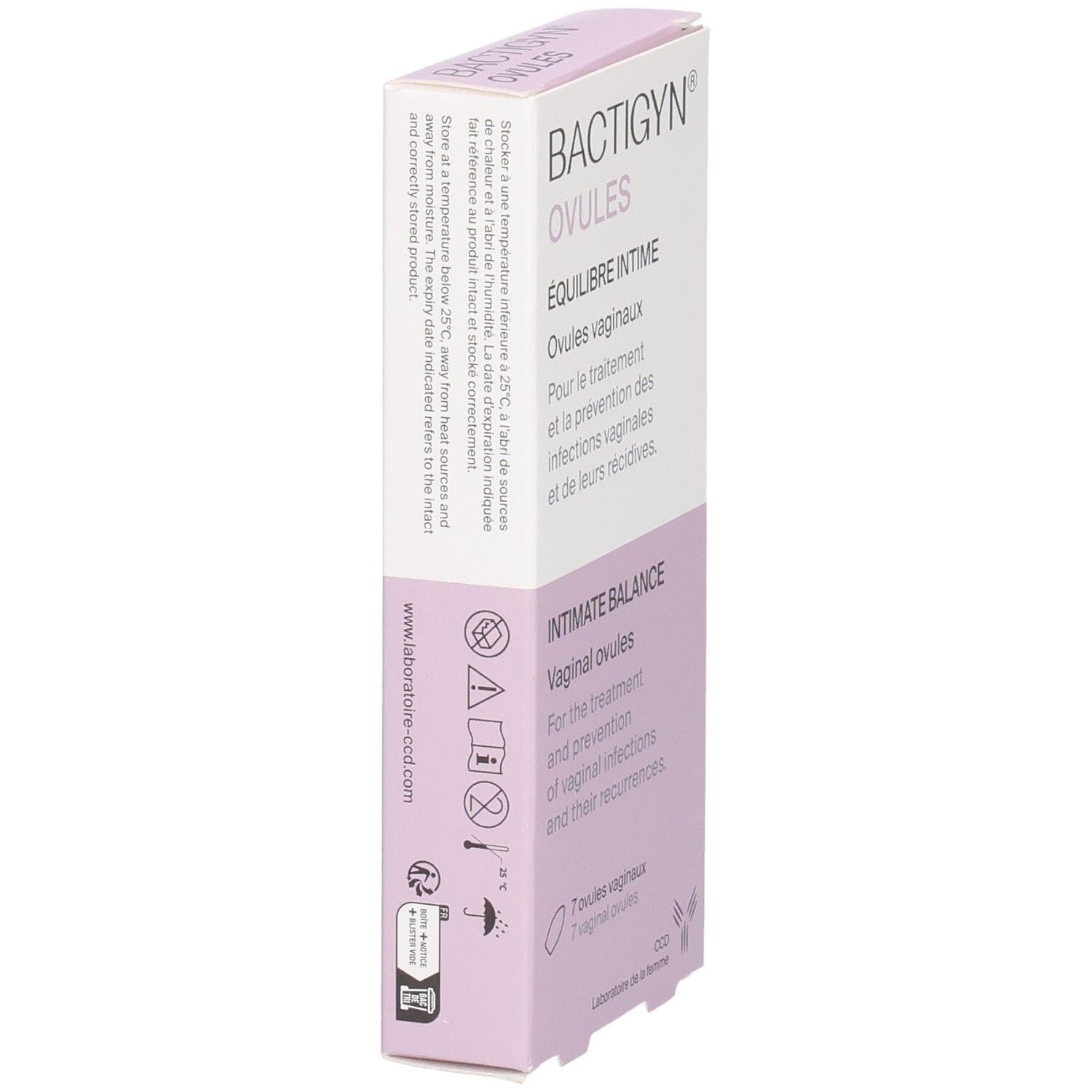 BACTIGYN OVULES Vue latérale avec instructions de stockage et marquage CE.