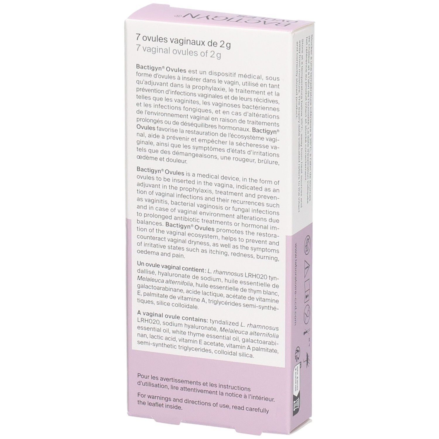 BACTIGYN OVULES Dos avec description détaillée du produit et ingrédients.