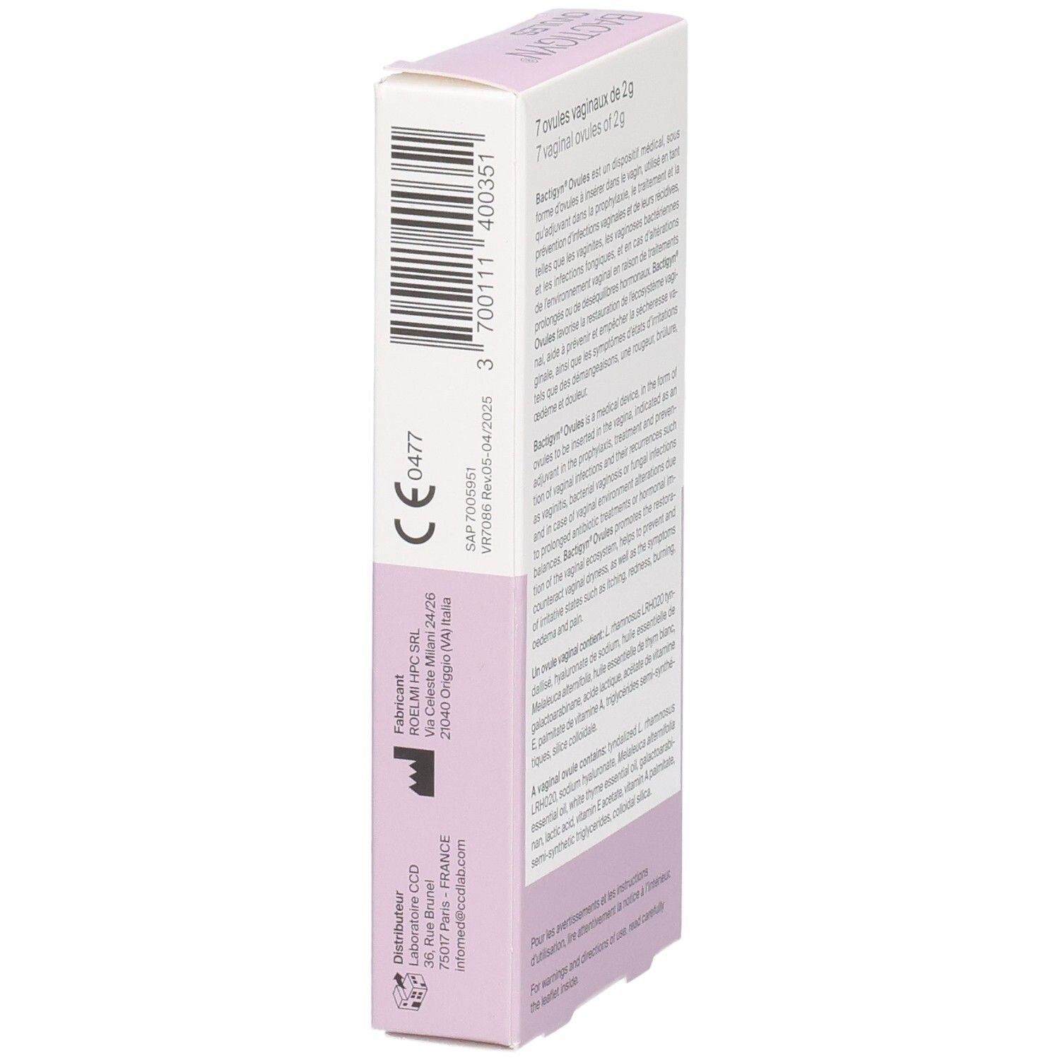 BACTIGYN OVULES Vue latérale avec code-barres, marquage CE et informations fabricant.
