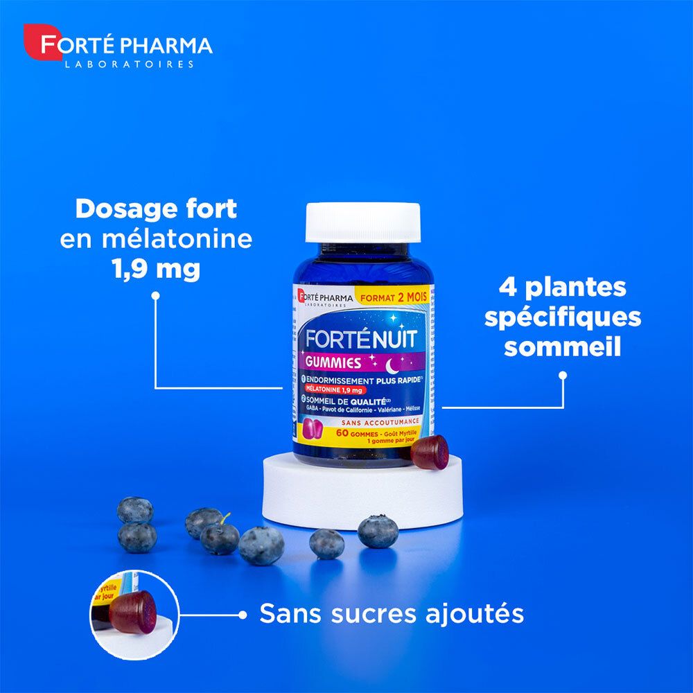 Flacon Forté Nuit Gummies avec texte. Myrtilles et une gomme à côté.