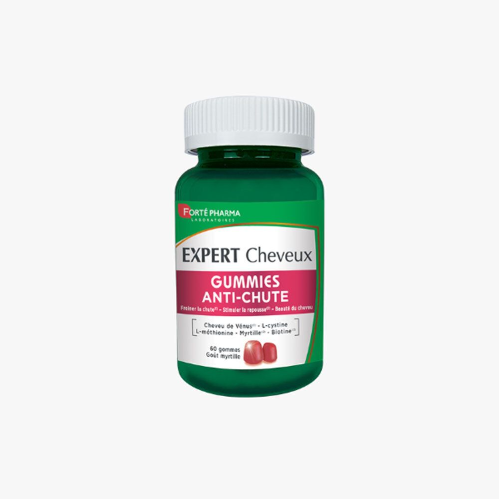 Flacon vert, bouchon blanc. Étiquette: Forté Pharma Expert Cheveux Gummies Anti-chute.