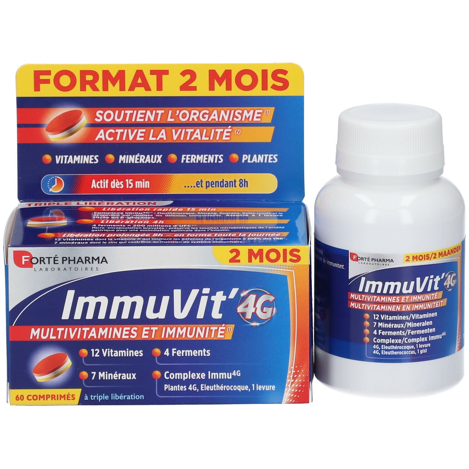 Emballage et flacon. Emballage: 60 comprimés, ImmuVit'4G. Flacon: ImmuVit'4G, 12 vitamines, 7 minéraux, 4 ferments.