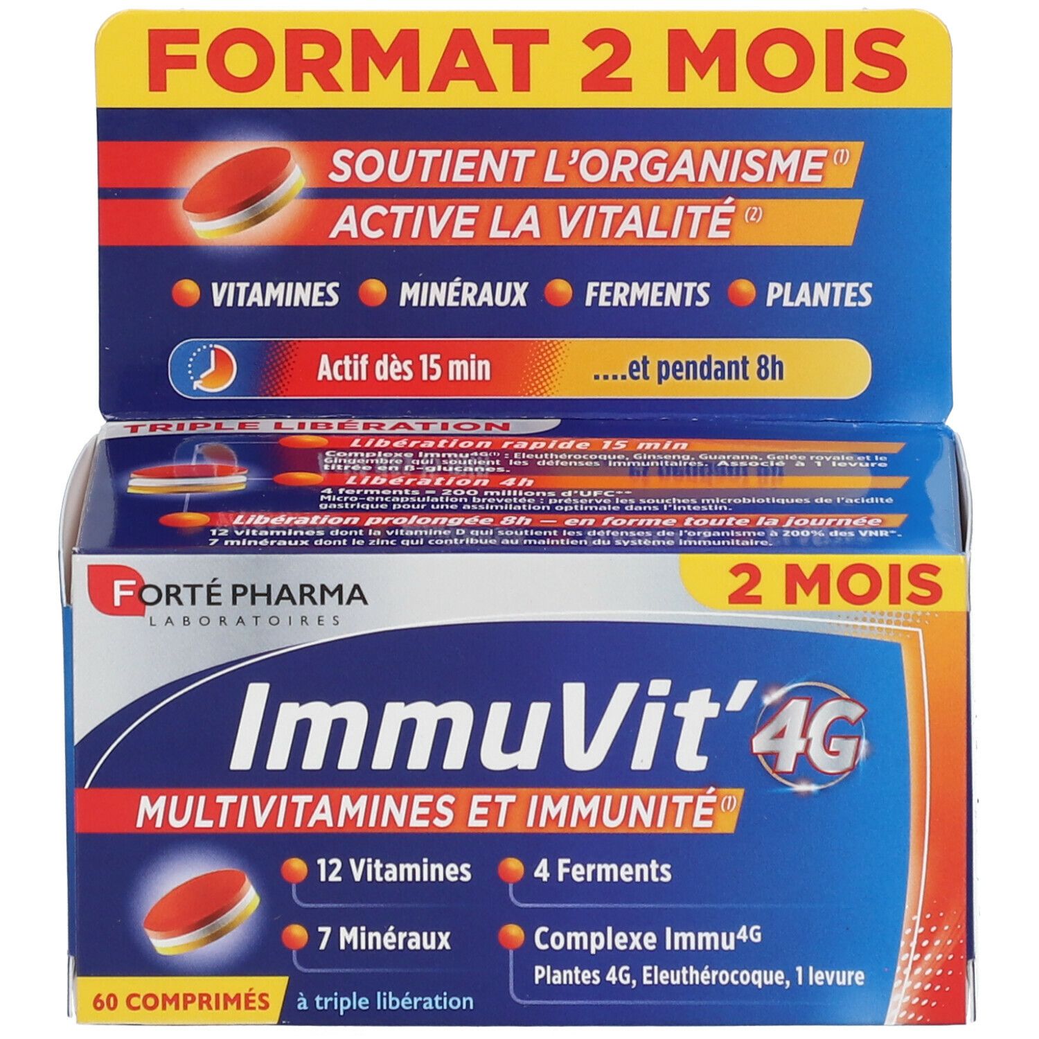 Emballage du produit. Contient 60 comprimés ImmuVit'4G. Contient 12 vitamines, 7 minéraux, 4 ferments. Format 2 mois.