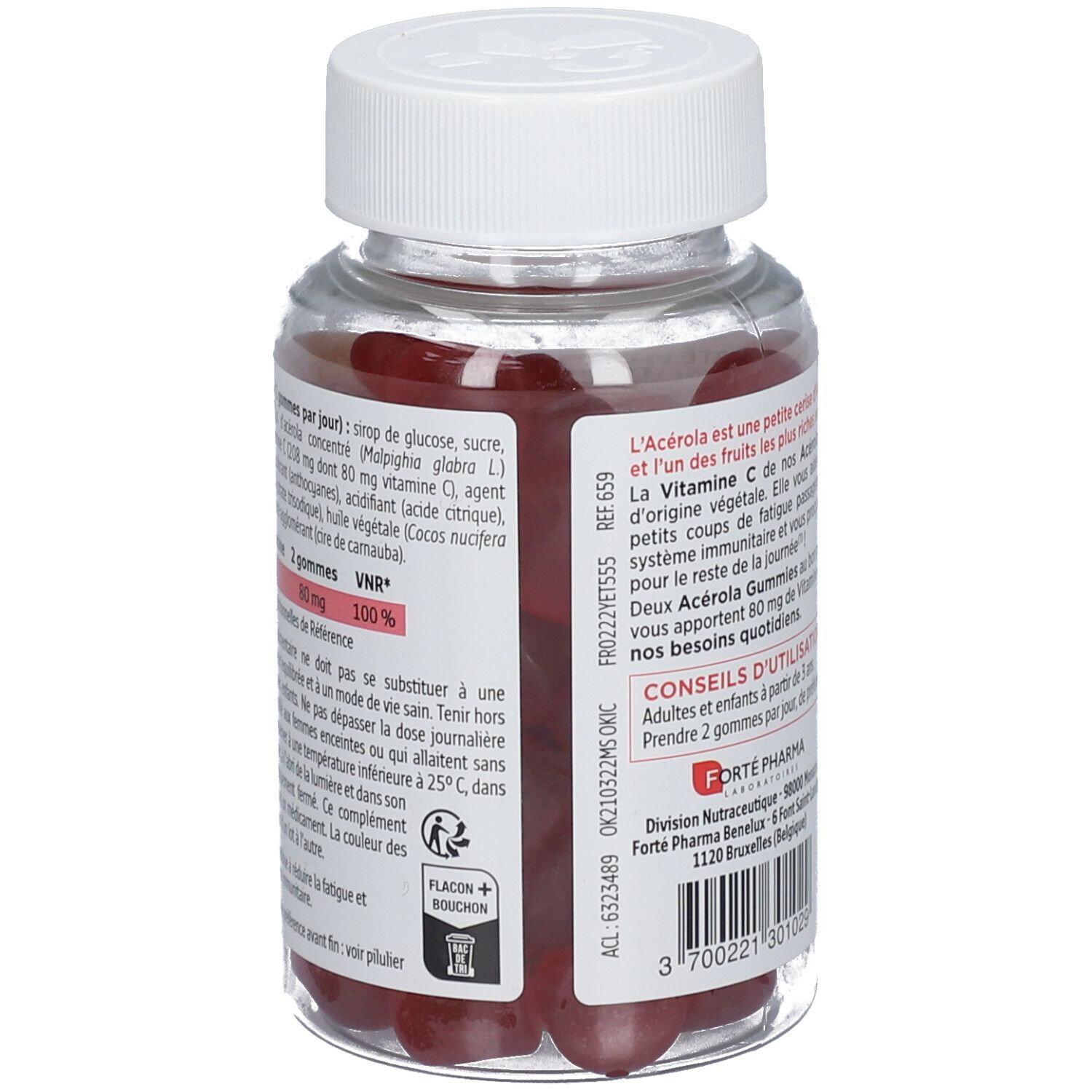 Dos du flacon de gummies rouges. Texte avec ingrédients et informations sur 'Acérola Gummies'.