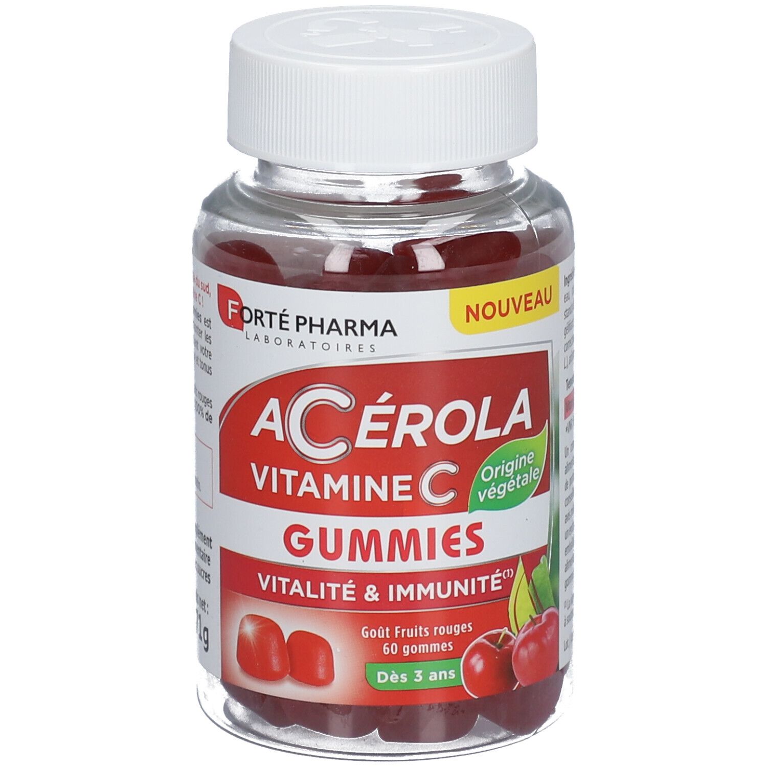 Flacon transparent de gummies rouges. Étiquette avec 'Acérola Vitamine C Gummies' et 'Forté Pharma'.