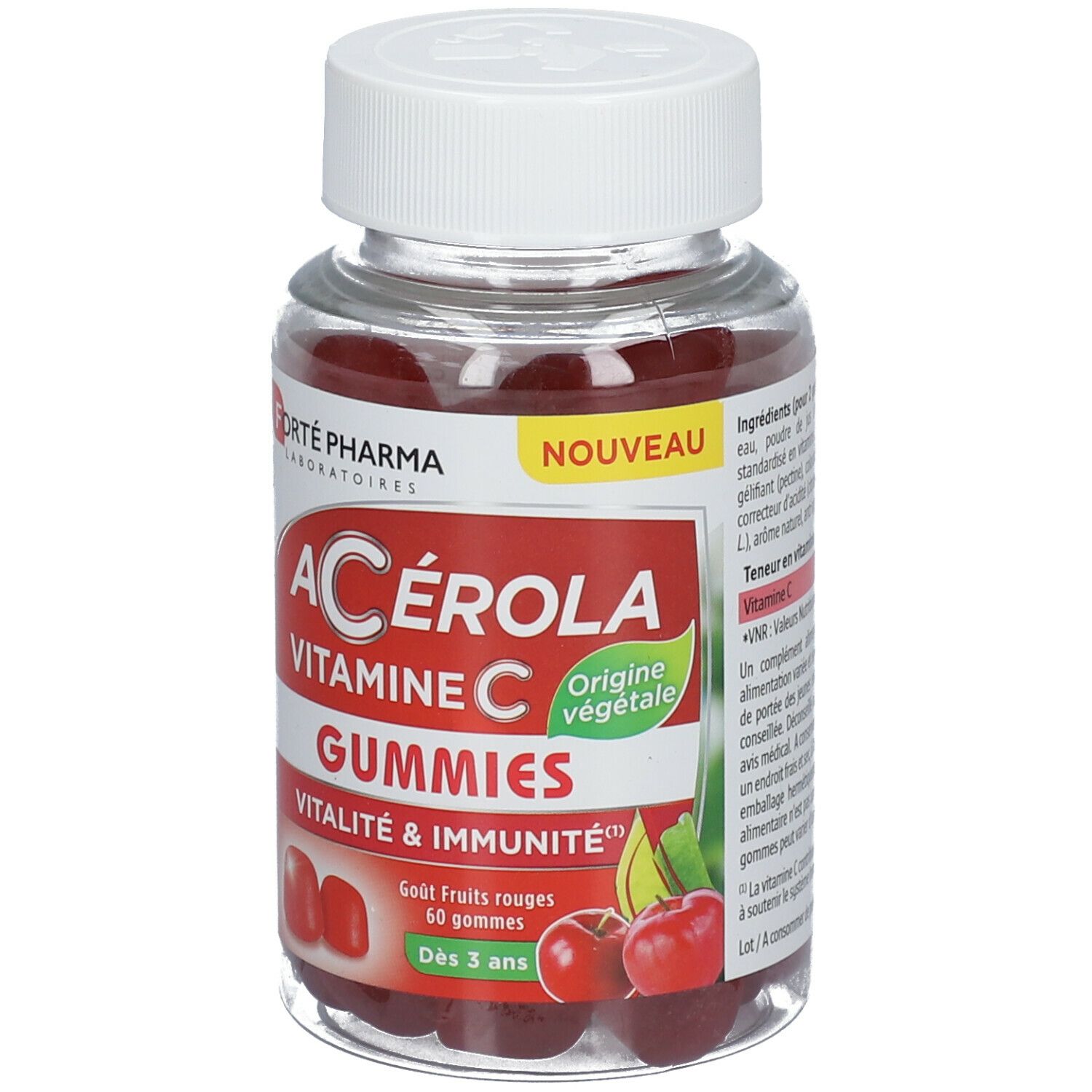 Flacon transparent de gummies rouges. Étiquette avec 'Acérola Vitamine C Gummies' et 'Forté Pharma'.