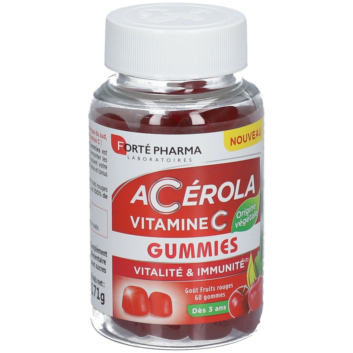 Dos du flacon de gummies rouges. Texte avec ingrédients et informations sur 'Acérola Gummies'.