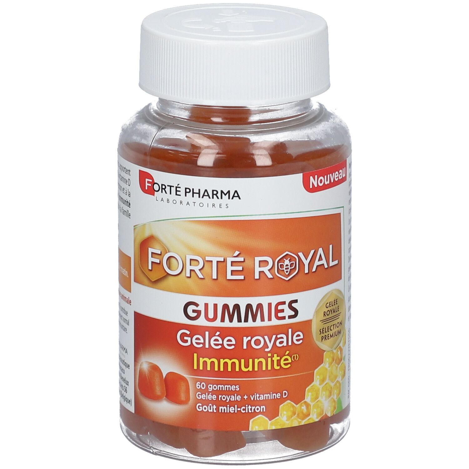 Flacon transparent avec bouchon blanc. Étiquette "Forté Royal Gummies" et illustration de rayons de miel. 60 gommes.