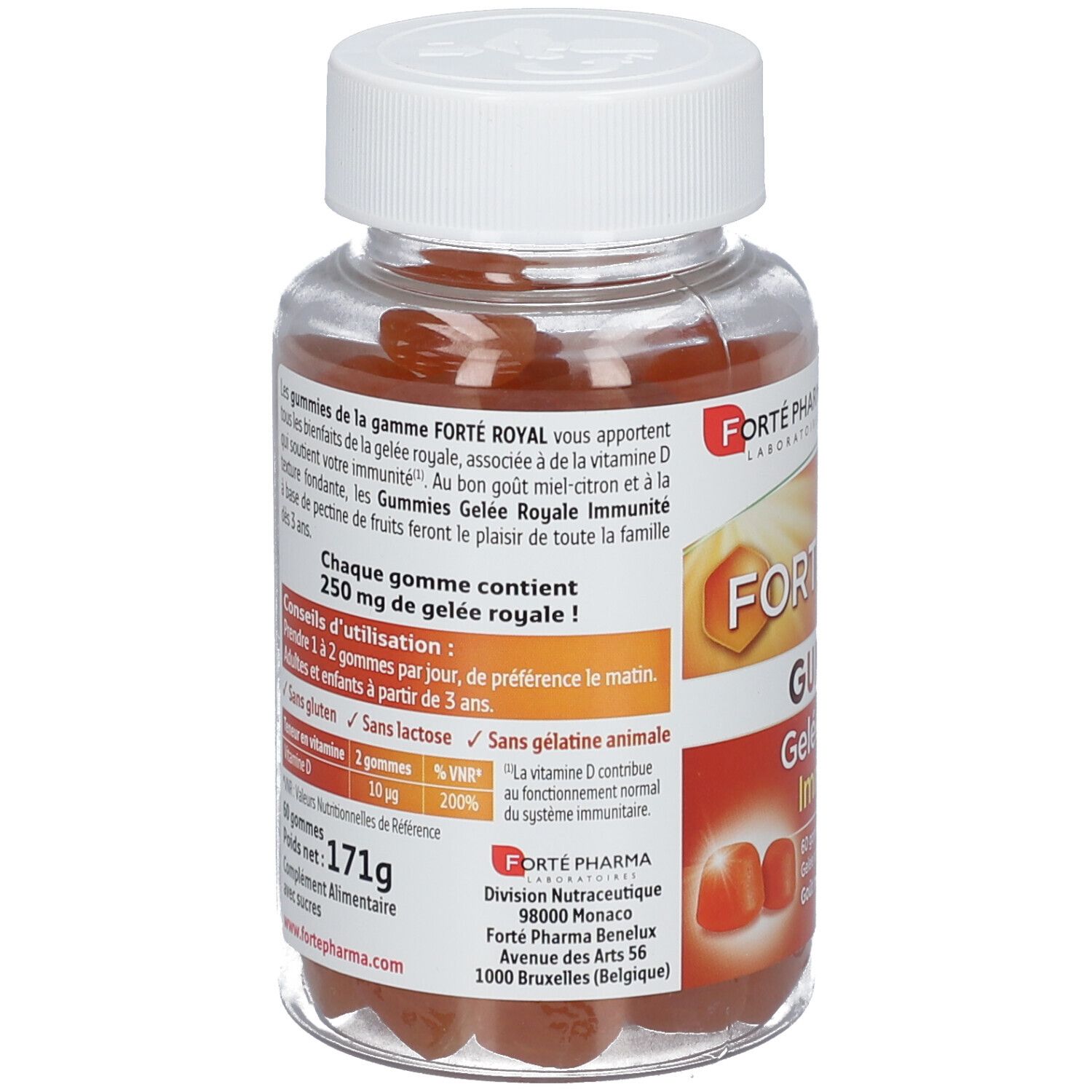 Vue arrière du flacon. Étiquette avec informations produit, ingrédients et valeurs nutritionnelles. 171g. Sans gluten, sans lactose.