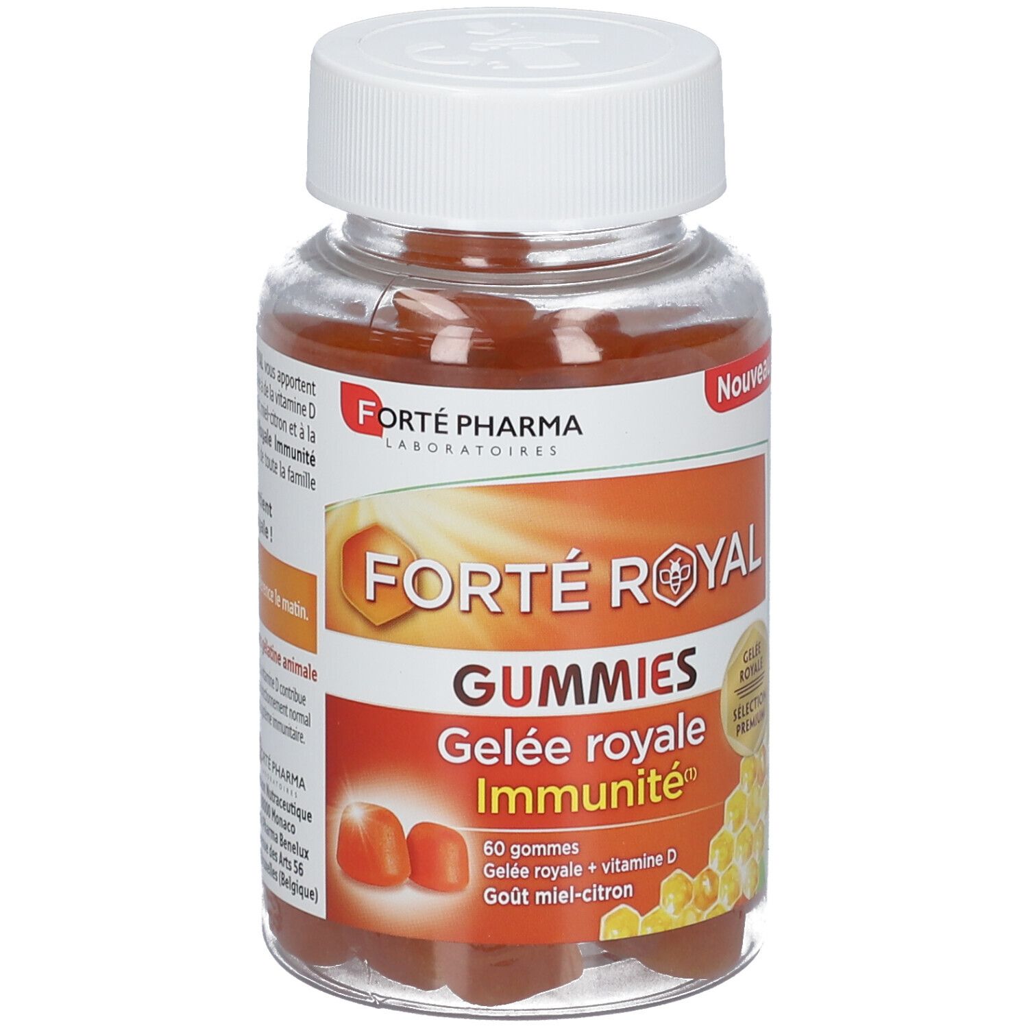 Flacon transparent avec bouchon blanc. Étiquette "Forté Royal Gummies" et illustration de rayons de miel. 60 gommes.