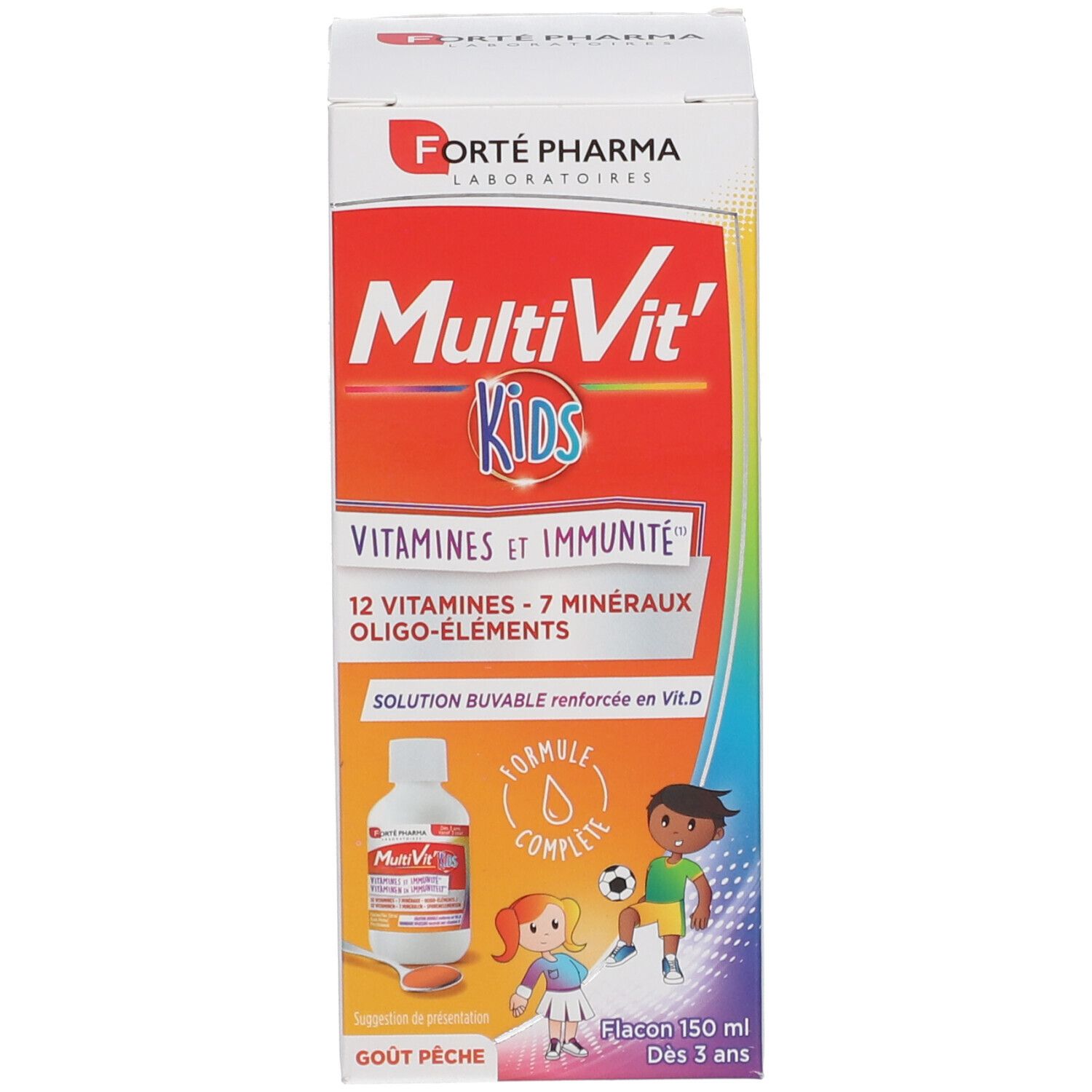 Emballage produit avec flacon et boîte. Sur la boîte : MultiVit'Kids, vitamines et immunité. Flacon : 150 ml.
