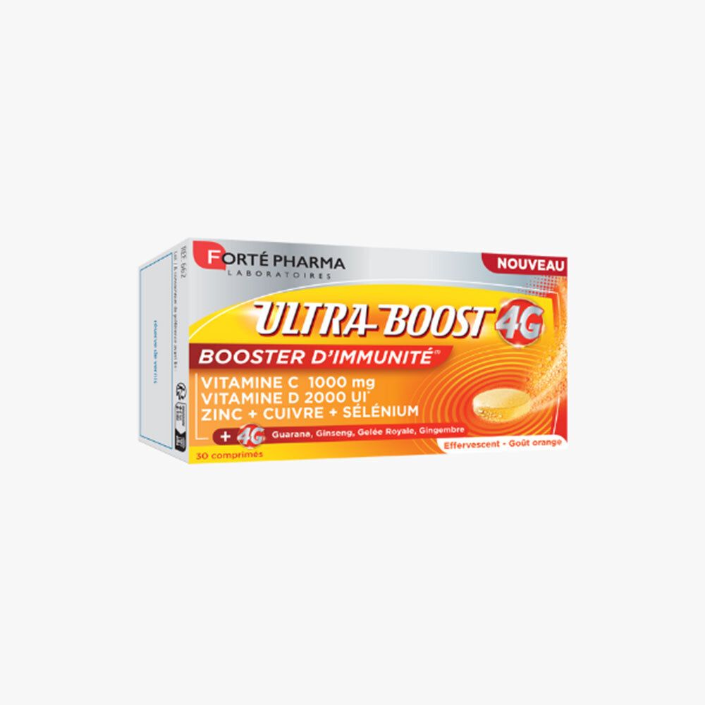 Boîte Ultra Boost 4G. Contient vitamine C, D, zinc, cuivre, sélénium. 30 comprimés effervescents. Goût orange. Nouveau.