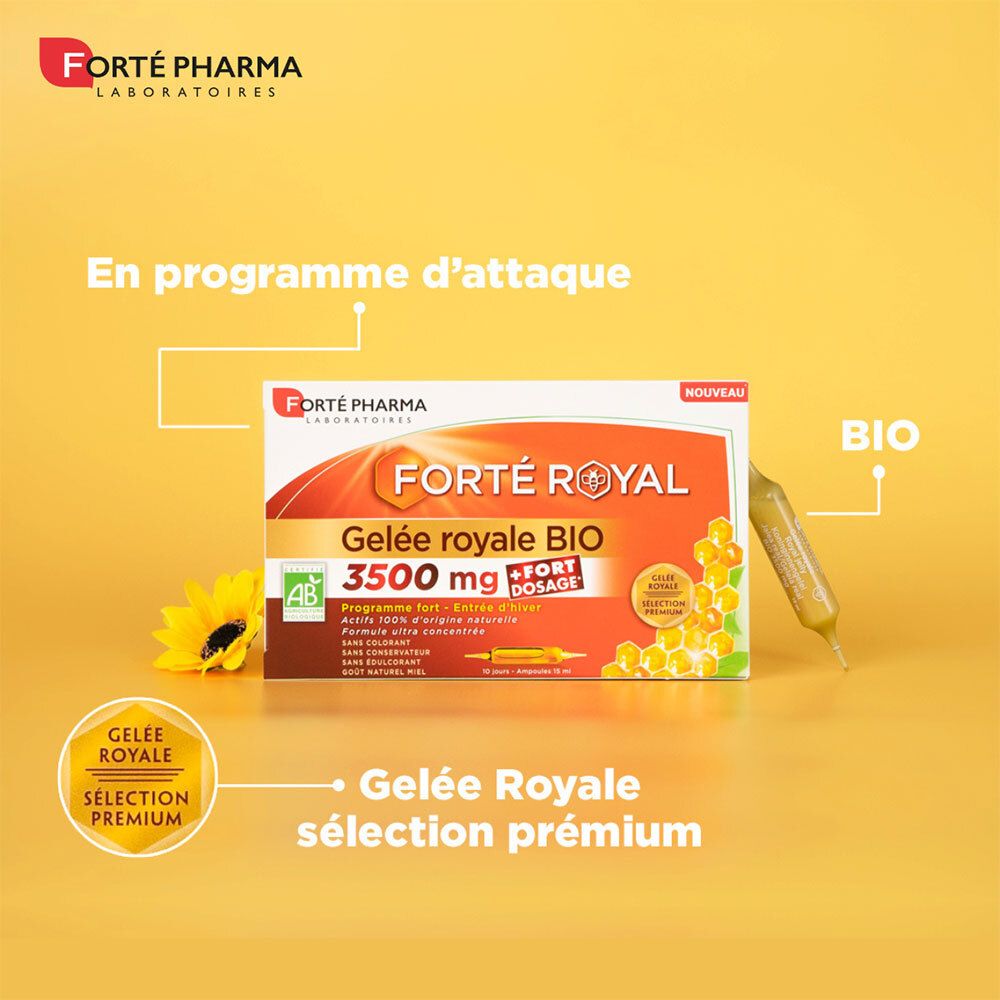 Emballage du produit avec logo et nom. Ampoule et fleur sur fond jaune.