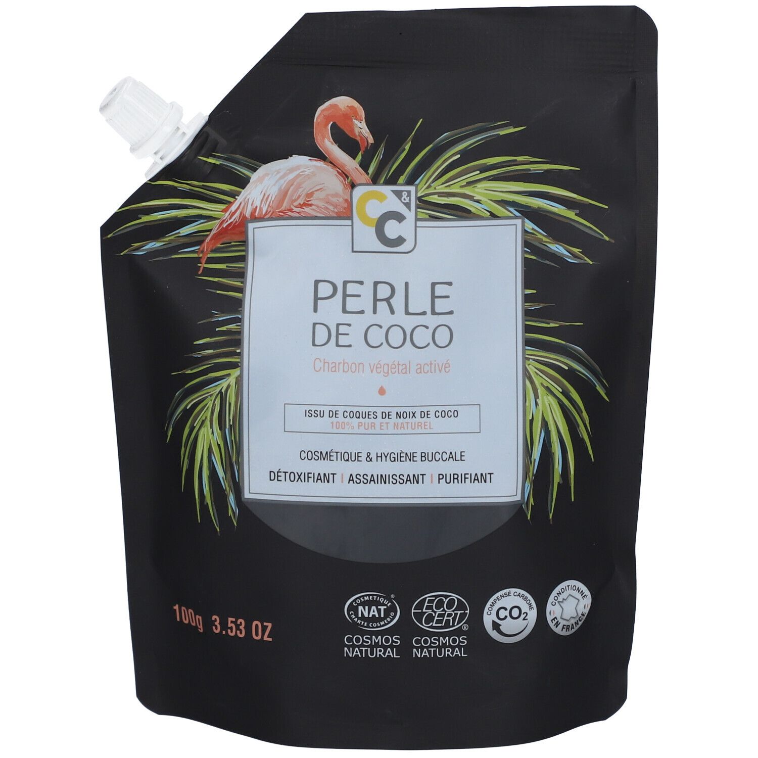 Emballage noir avec illustration de flamant rose et texte: Perle de Coco, charbon actif. Certifications visibles.