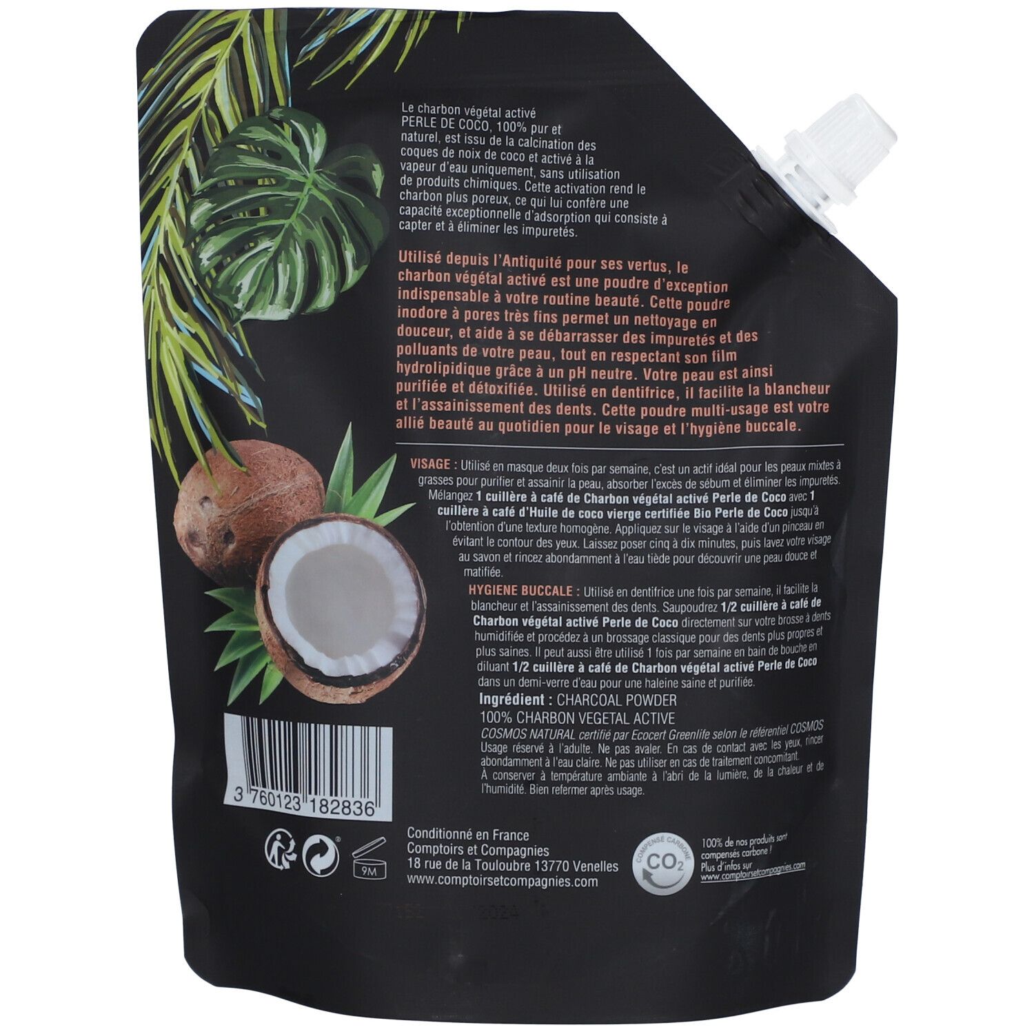 Dos de l'emballage avec texte et illustration de noix de coco. Contient des informations sur le produit.