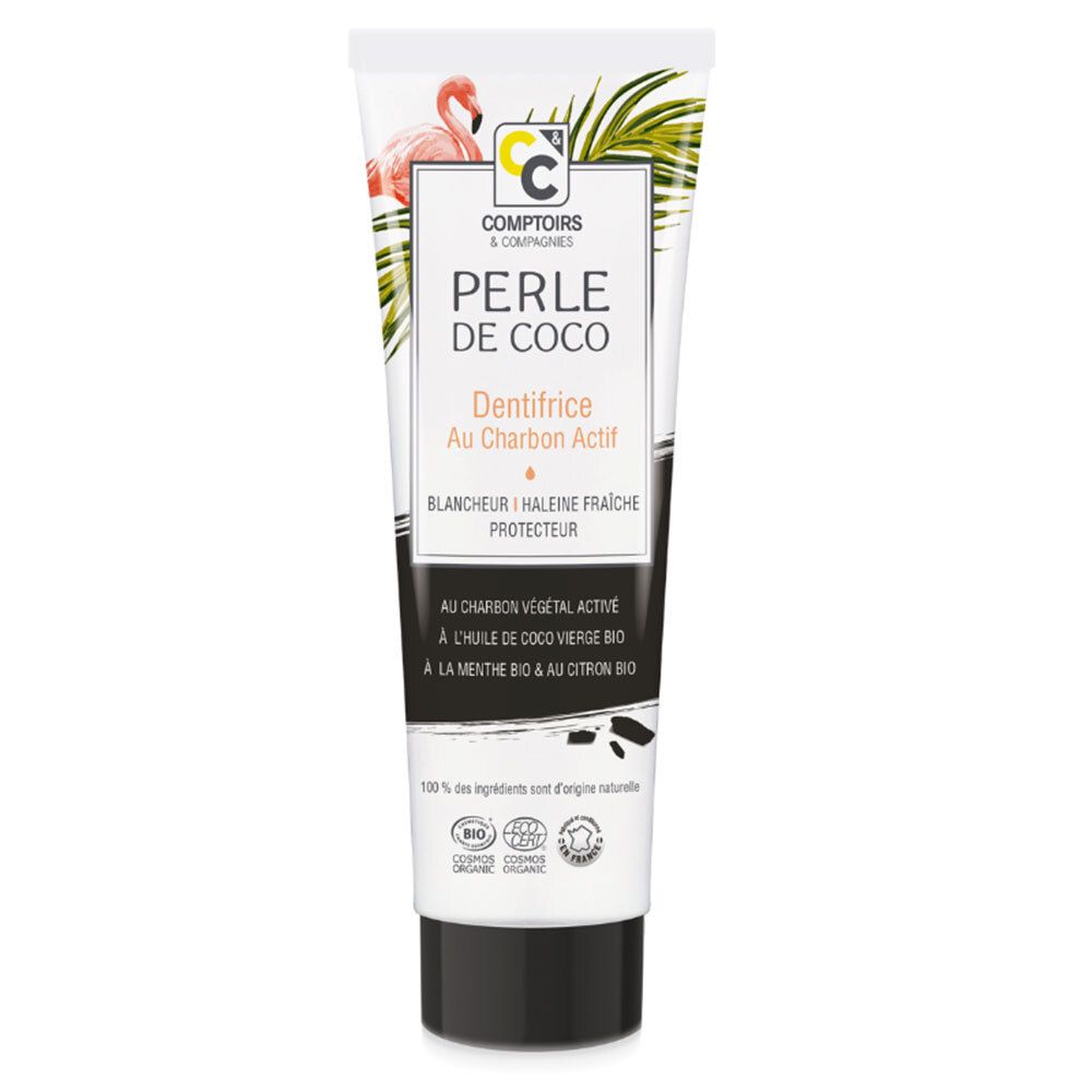Tube de dentifrice blanc avec logo, illustration de flamant rose et texte. Contient charbon actif, noix de coco et citron. Certification bio.