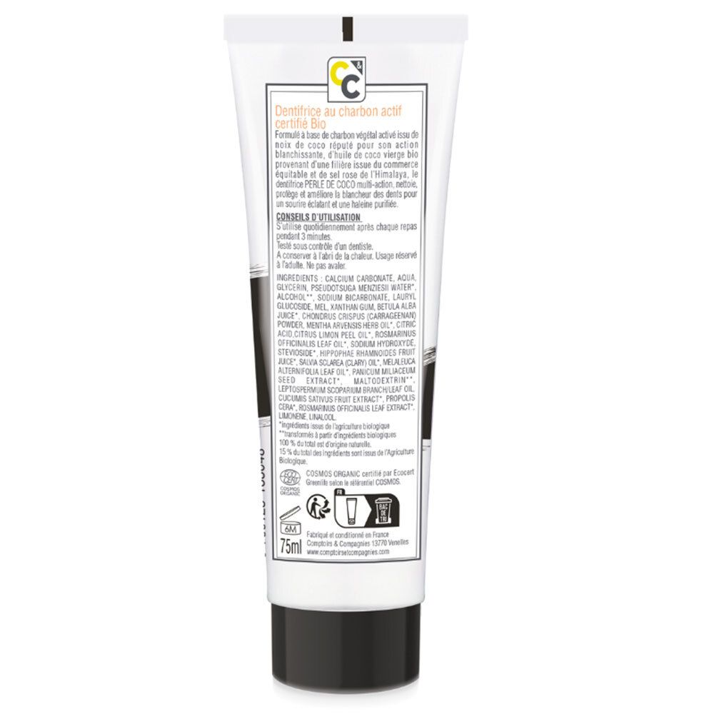 Dos du tube de dentifrice avec ingrédients et conseils d'utilisation. Certification bio et indication de volume.