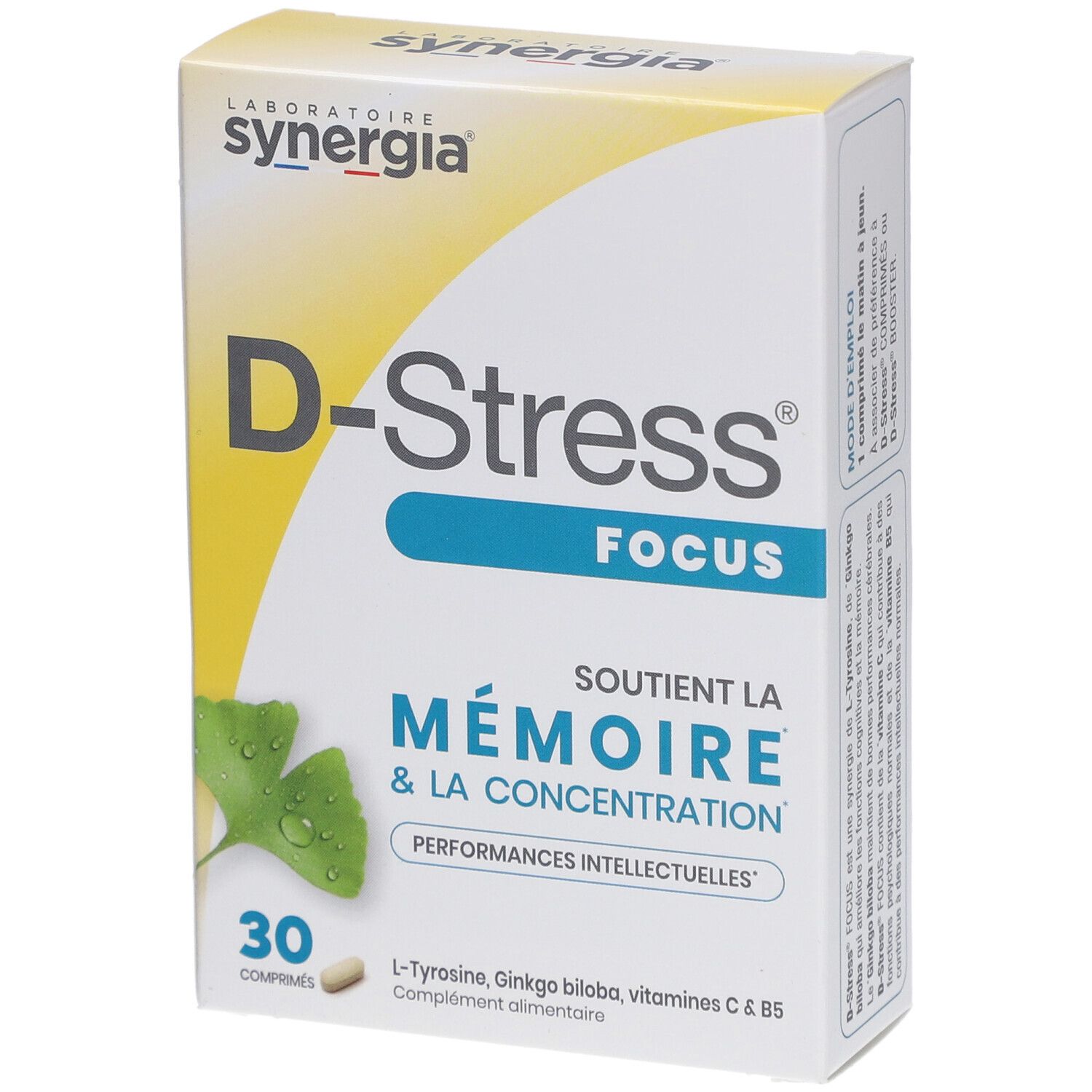 Boîte de complément alimentaire "D-Stress Focus". Contient 30 comprimés. Inscription : "Soutient la mémoire & la concentration".