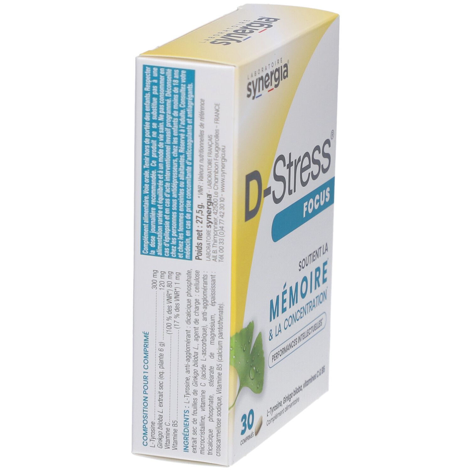 Boîte "D-Stress Focus" en biais. Inscription : "D-Stress Focus". Contient 30 comprimés. Détails des ingrédients et valeurs nutritionnelles.