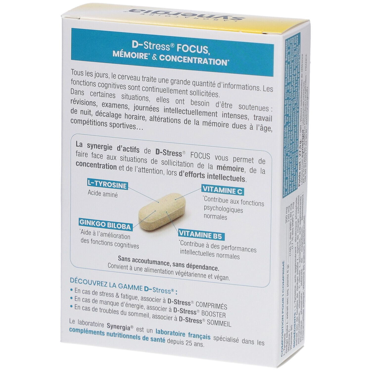 Dos de la boîte "D-Stress Focus". Texte sur les ingrédients et l'utilisation. Image d'un comprimé.