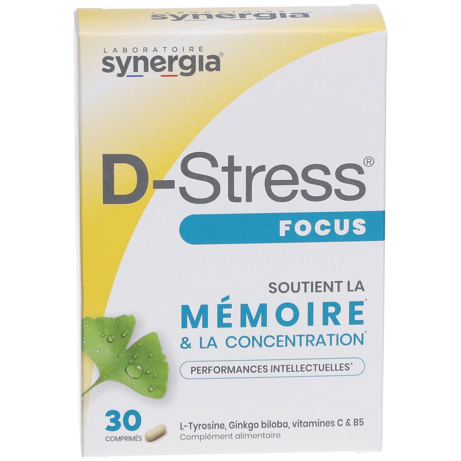 Face avant de la boîte "D-Stress Focus". Inscription : "D-Stress Focus". Contient 30 comprimés. Texte : "Soutient la mémoire & la concentration".