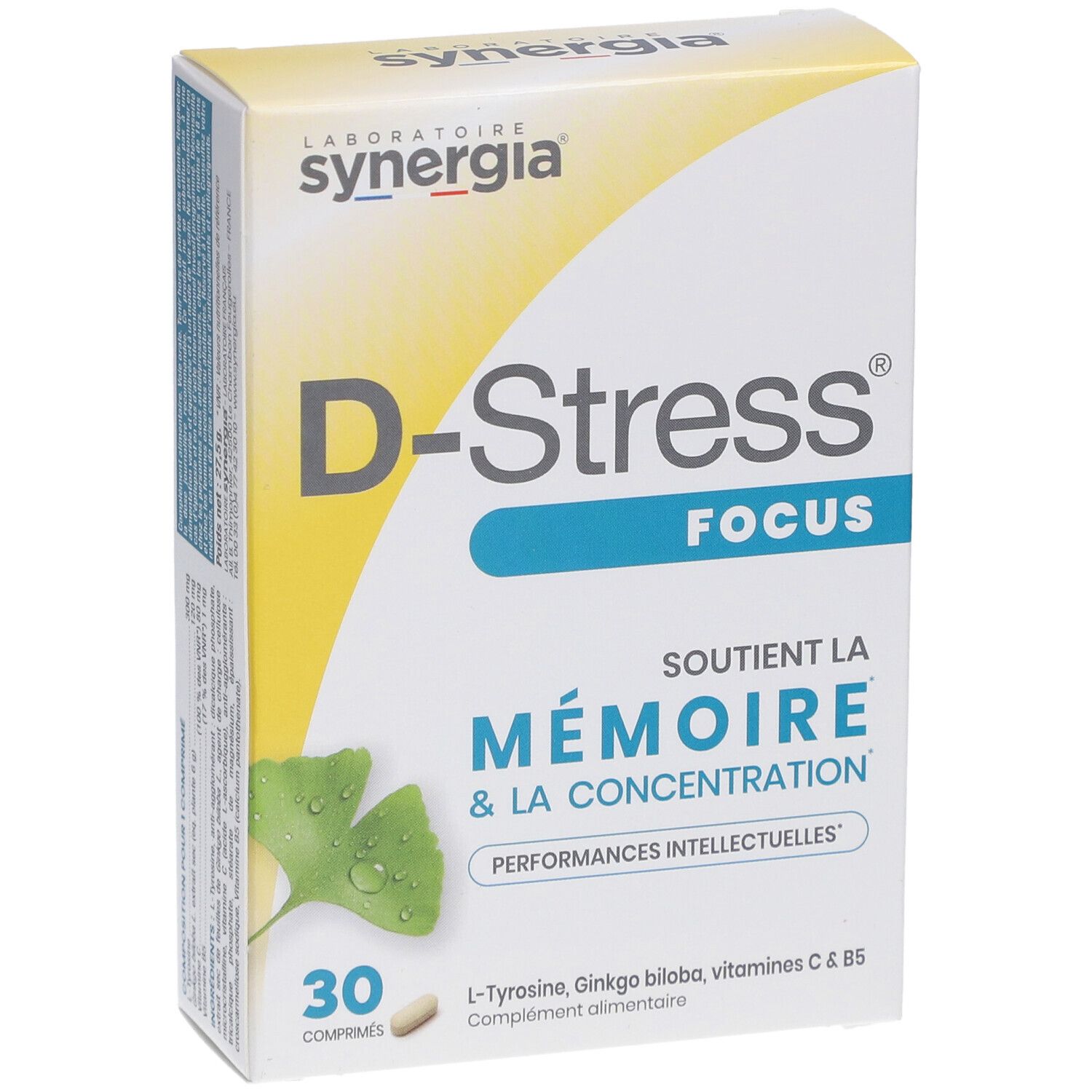 Face avant de la boîte "D-Stress Focus". Inscription : "D-Stress Focus". Contient 30 comprimés. Texte : "Soutient la mémoire & la concentration".