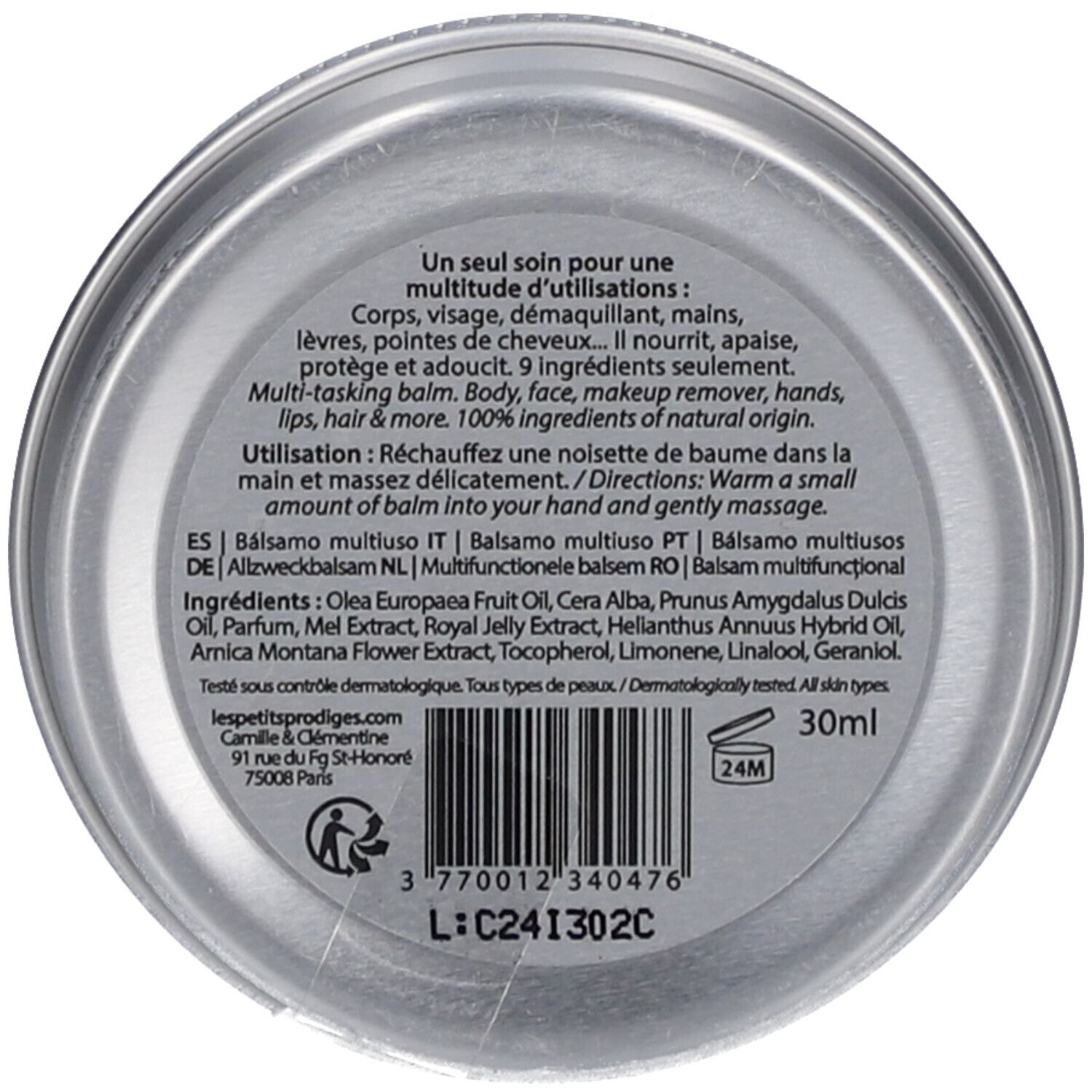 Fond de boîte rond. Texte: Un seul soin pour une multitude d'utilisations. 30ml. Code-barres. Texte: Testé sous contrôle dermatologique.