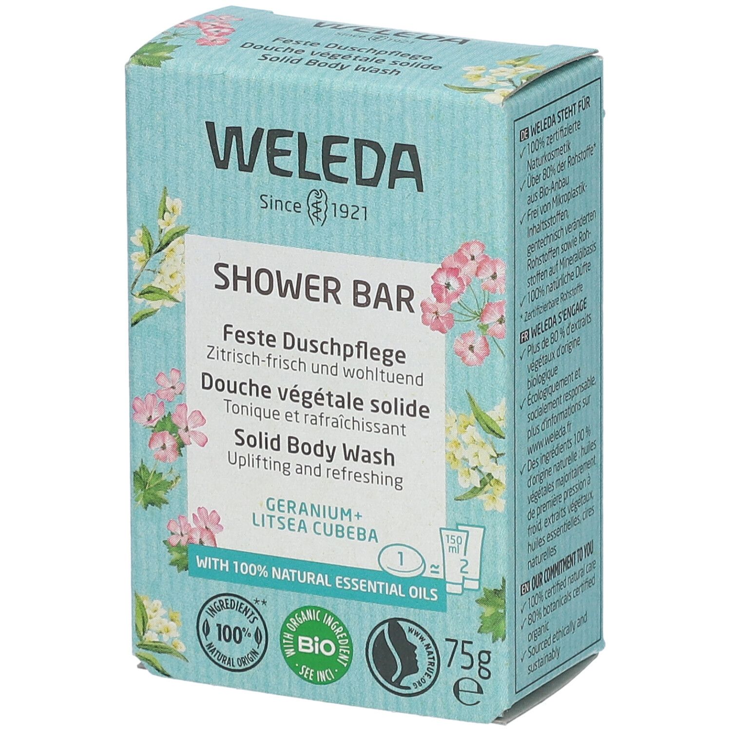 Boîte WELEDA. Inscription : SHOWER BAR, Douche végétale solide, Géranium + Litsea Cubeba. Avec label bio et 100% ingrédients naturels.