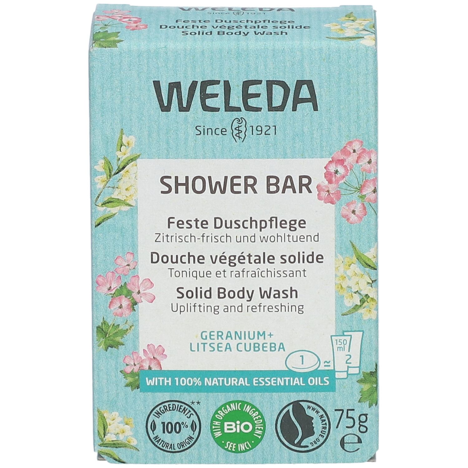 Boîte WELEDA. Inscription : SHOWER BAR, Douche végétale solide, Géranium + Litsea Cubeba. Avec label bio et 100% ingrédients naturels.