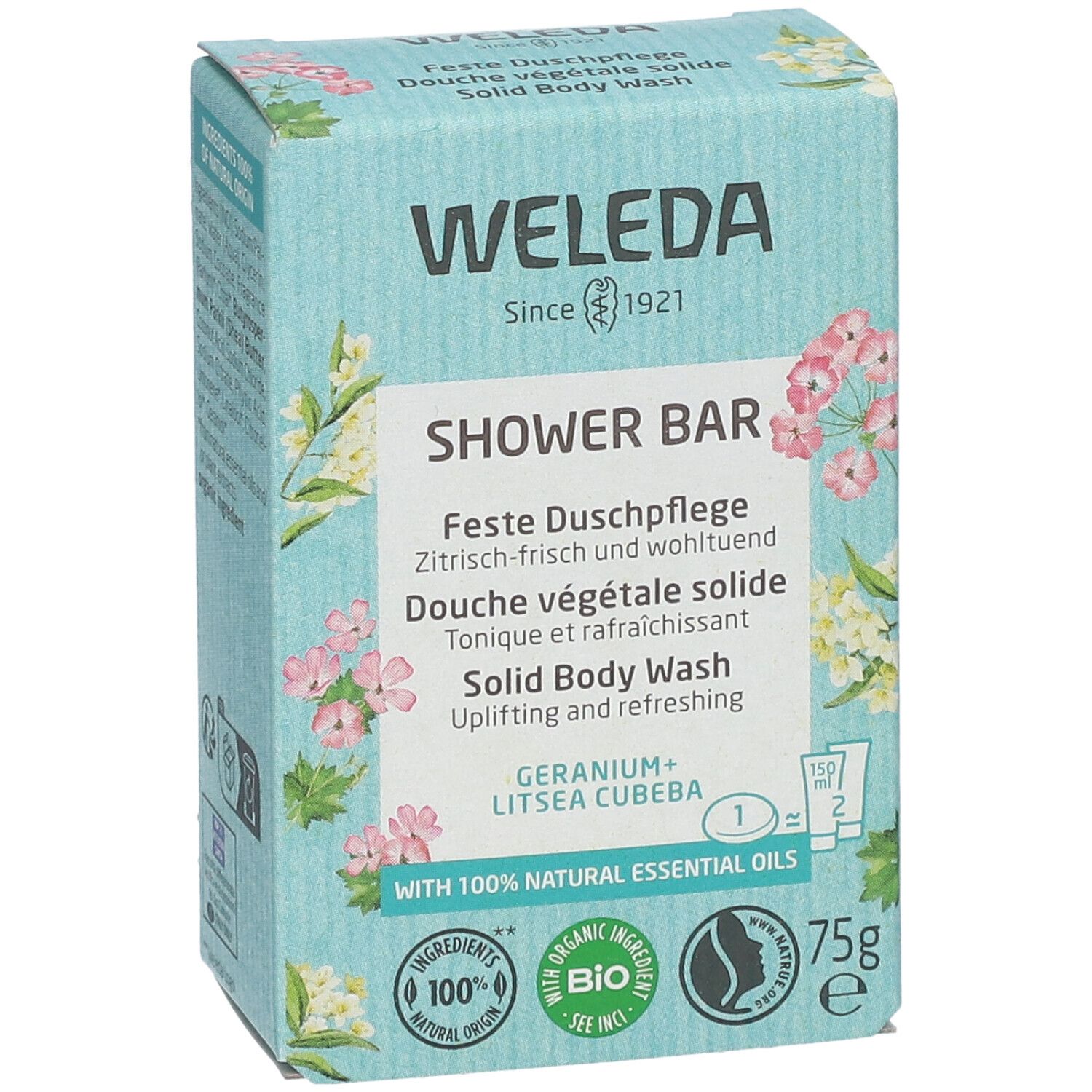 Boîte WELEDA. Inscription : SHOWER BAR, Douche végétale solide, Géranium + Litsea Cubeba. Avec label bio et 100% ingrédients naturels.