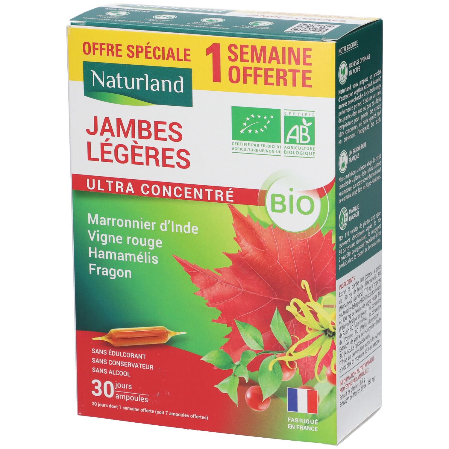 Boîte de Naturland JAMBES LÉGÈRES BIO Ampoules. Label AB, drapeau français. Texte: Ultra Concentré, 30 ampoules.